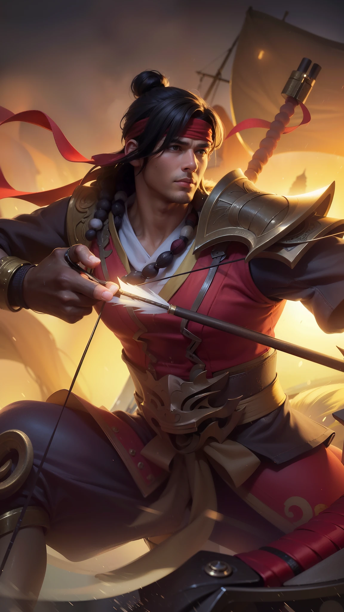 Young man with a bow and hand holding arrows, 8k, ultra hd, ultra detailed texture, hyper realistic, masterpiece, detailed texture, detailed face, detailed skin, detailed lighting, (photorealistic:1.5), best quality, beautiful lighting, cinematic lighting, professional lighting, ultra highres, realistic, detailed hair, real hair, high quality, (realskin:1.5), extremely detailed, finely detail, ultra-detailed, red bandana.