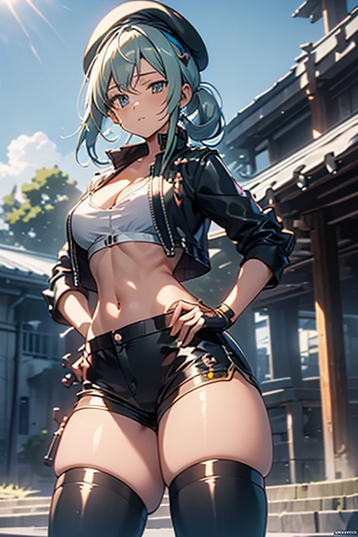 ubel,dark green hair,long hair,side ponytail,hair between eyes,bangs, BREAK (beret, black jacket, open clothes, cleavage, midriff, black shorts, black thighhighs, thigh strap, fingerless gloves, single glove:1.2) BREAK blurry background, BREAK pose, hand on hip, BREAK (masterpiece:1.2), best quality, high resolution, unity 8k wallpaper, (illustration:0.8), (beautiful detailed eyes:1.6), extremely detailed face, perfect lighting, extremely detailed CG, (perfect hands, perfect anatomy),
