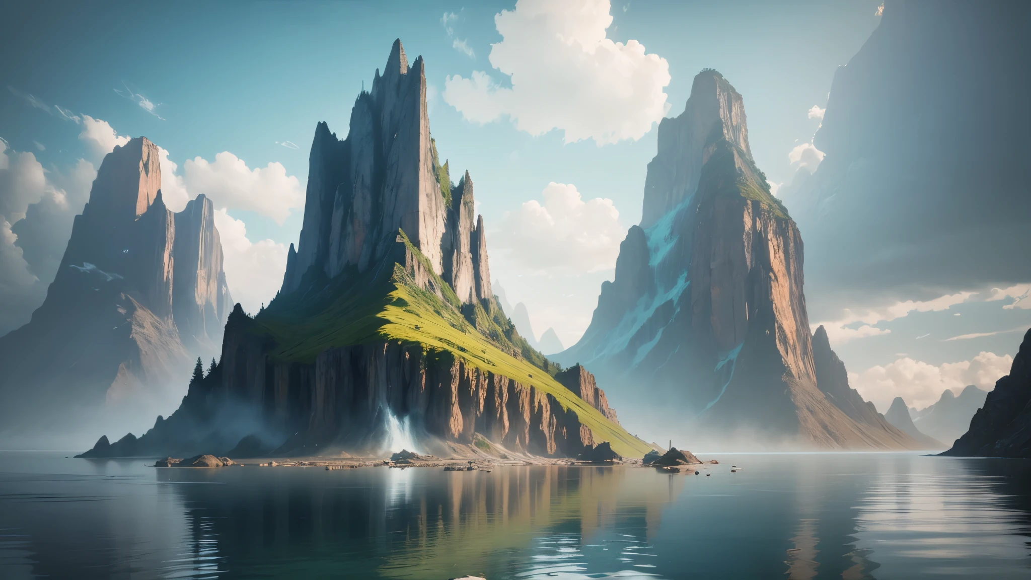There is a waterfall flowing from a mountain in the ocean, perfect reflections, clear water, a fine matte painting inspired by Jessica Rossier, Artstation competition winner, fantasy art, detail enhancement, perfect detail. Epic matte painting of an island, high mountains, 4k highly detailed digital art, 4k vertical wallpaper, 4k vertical wallpaper, 4k detail fantasy, matte painting 4k 8k, 8k matte painting