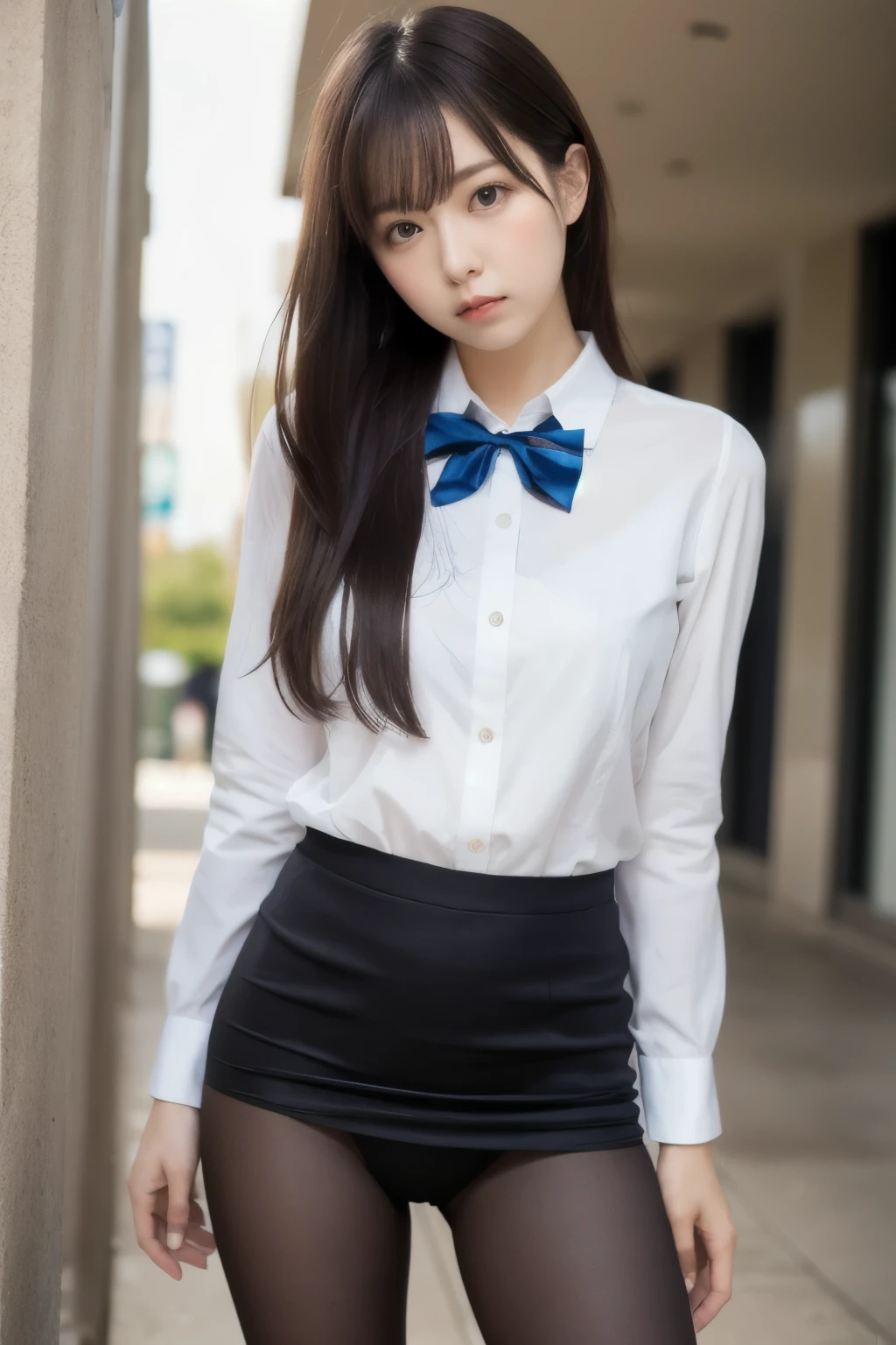 office girl,super realistic pantyhose:1.3, ulzzang-6500-v1.1, (Raw photo:1.2), (Photoreal), beautiful detailed girl, (genuine: 1.4), (muste piece), Puzzled, shame, shyness、