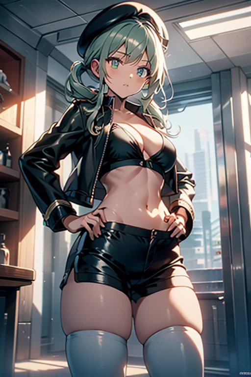 ubel,dark green hair,long hair,side ponytail,hair between eyes,bangs, BREAK (beret, black jacket, open clothes, cleavage, midriff, black shorts, black thighhighs, thigh strap, fingerless gloves, single glove:1.2) BREAK blurry background, BREAK pose, hand on hip, BREAK (masterpiece:1.2), best quality, high resolution, unity 8k wallpaper, (illustration:0.8), (beautiful detailed eyes:1.6), extremely detailed face, perfect lighting, extremely detailed CG, (perfect hands, perfect anatomy),
