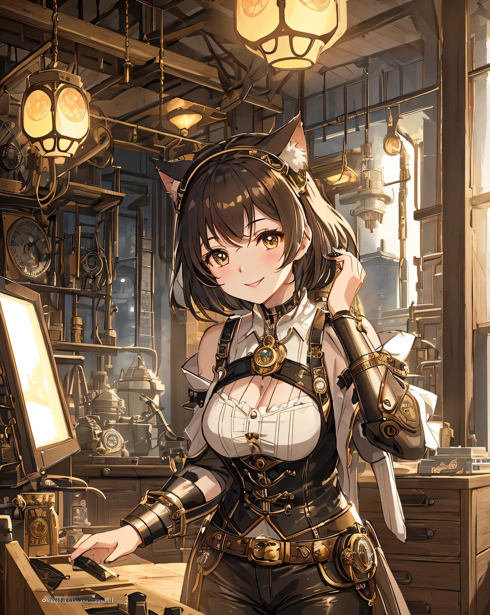 Craft an 8k masterpiece in anime style, depicting a beautiful girl who is a steampunk inventor, renowned for her quirky steam-powered creations. This innovative inventor sports a chic bob cut and wears beige shorts, embodying both functionality and style in her workshop's bustling environment. She dons a pair of iconic goggles, pushed up to her forehead as a testament to her hands-on approach to invention. Unique to her character, she has cat ears, suggesting a playful yet sharp and innovative personality, perhaps influencing her creative designs. Her workspace is cluttered with blueprints, gears, and various steam mechanisms, each piece showcasing ultra-detailed craftsmanship. The ambient lighting highlights the intricate textures of metal and steam, casting a warm glow that reflects off her determined, yet cheerful expression. This scene captures not just the essence of steampunk aesthetics but also the spirit of invention and the anime character's unique charm and genius.