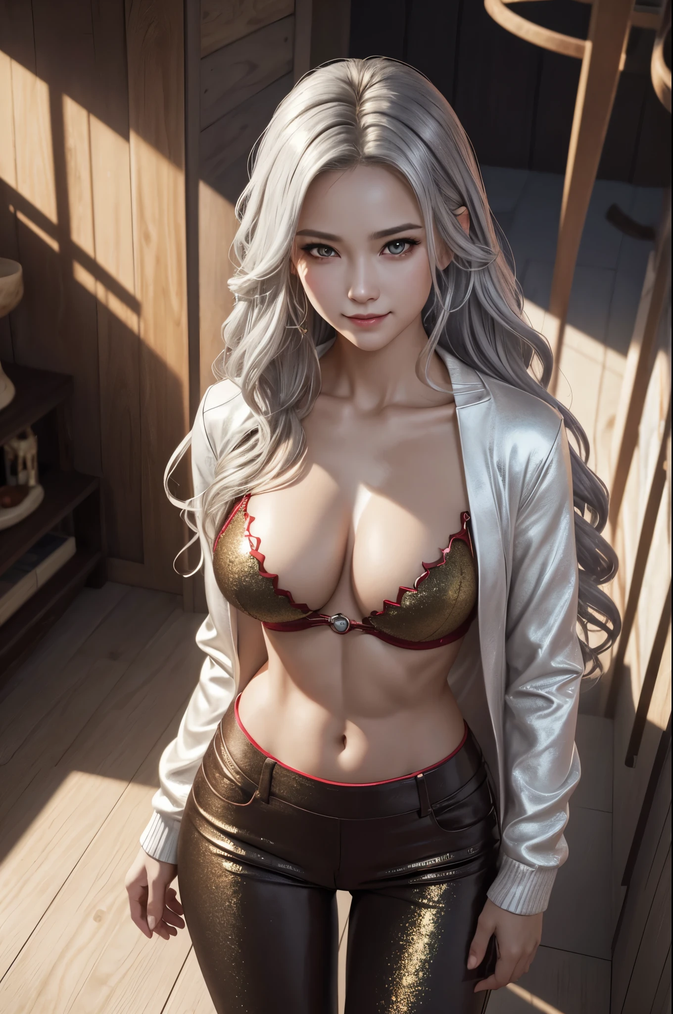 8K、sandy beachで赤いTシャツを身に着けた妖艶なサキュバス.,super beautiful(like the real thing)、red and black pants,Lady of Alafed,Beautiful wavy silver hair、big and full breasts、5d cgi anime fantasy artwork、Fan Art Mayo Art Station、デジタルfantasy art)、wallop loss draw、壮大なfantasy artスタイル、beautiful succubus、charm、Beautiful fangs、looking at the viewer、captivating gaze、laughter、masterpiece,masterpiece,Photorealistic RAW photos of the highest quality。bright colors,rich colors, Backlight, cinematic lighting, film grain, to be born, 50MM lens, Nikon D850,realistic skin,fantasy art,character art,ultra high resolution,realistic scale skin,goddess of evil,horn of evil god,Macho with a muscular slender body,Severely cracked abdominal muscles,golden eyes(Golden Glitter Effect),Severely cracked abdominal muscles(超realistic skin),smile,white shirt,Red and silver jacket,sandy beach,dynamic pose,perspective from above,