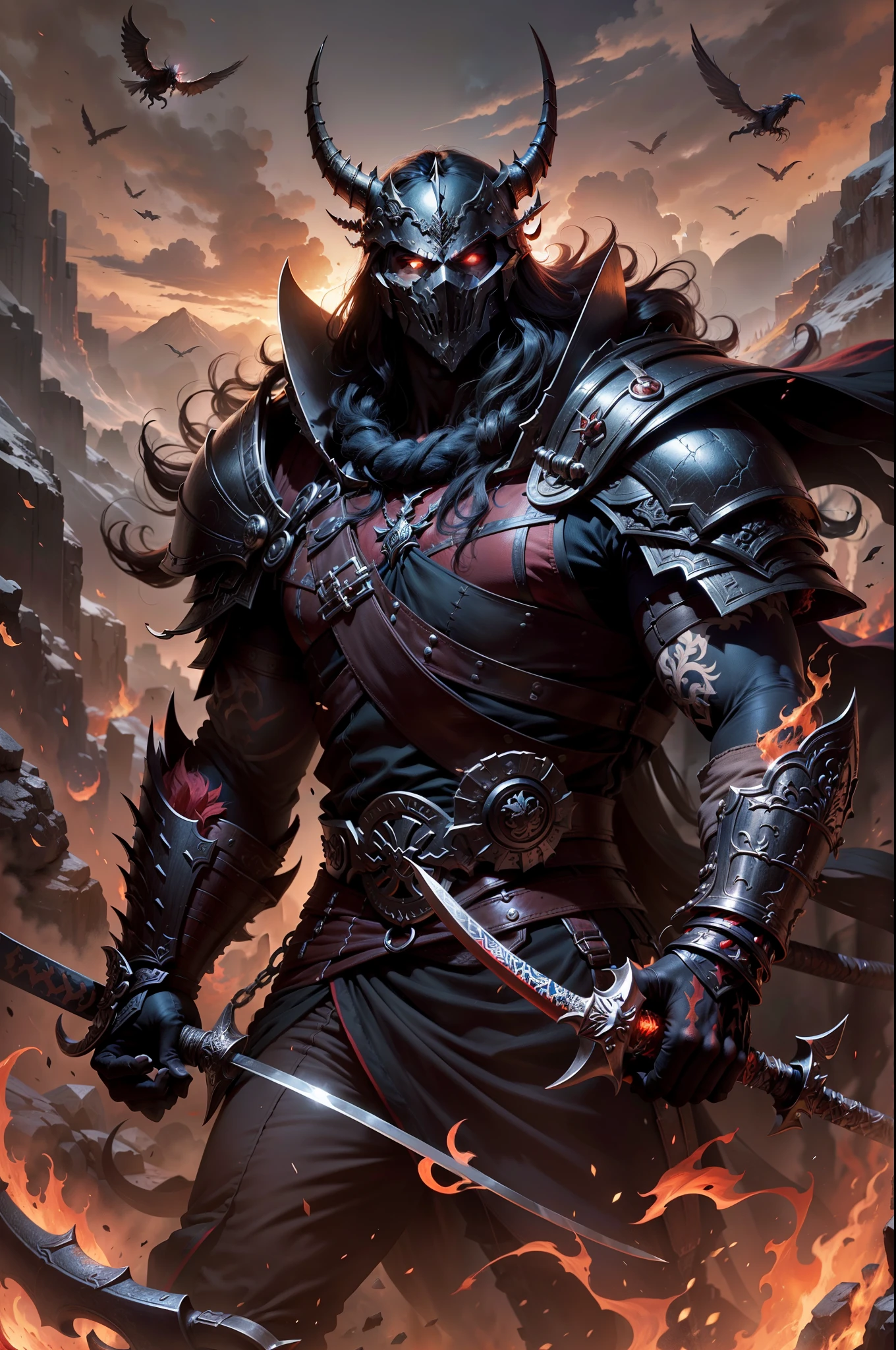 un primer plano de un demonio con una espada y cara de demonio, armadura negra de caballero calavera enloquecido, epic fantasy art style, Ares con armadura pesada y espada., epic fantasy digital art style, epic fantasy style art, armadura reflejada de color fuego negro, demonio guerrero samurai, Lord of the Ash, Dark fantasy style art., Detailed 2D digital fantasy art