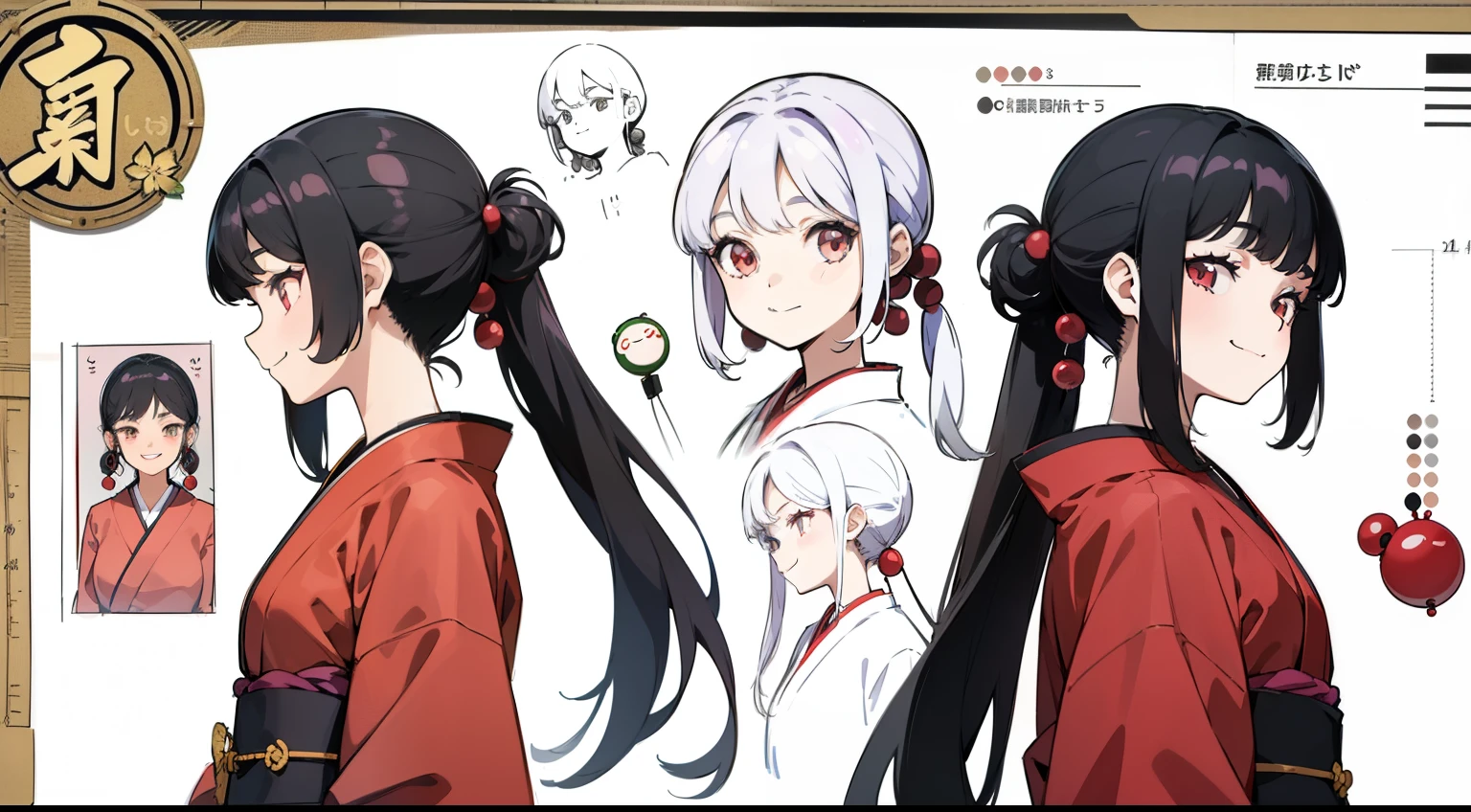 16 years old, Black Hair Girl, Hair length to the armpits (((Happy smiling face expression))) ,japanese kimono, ((Odango hairstyle)) (((detailed character sheet, Front view, Side view, 3/4 view)))