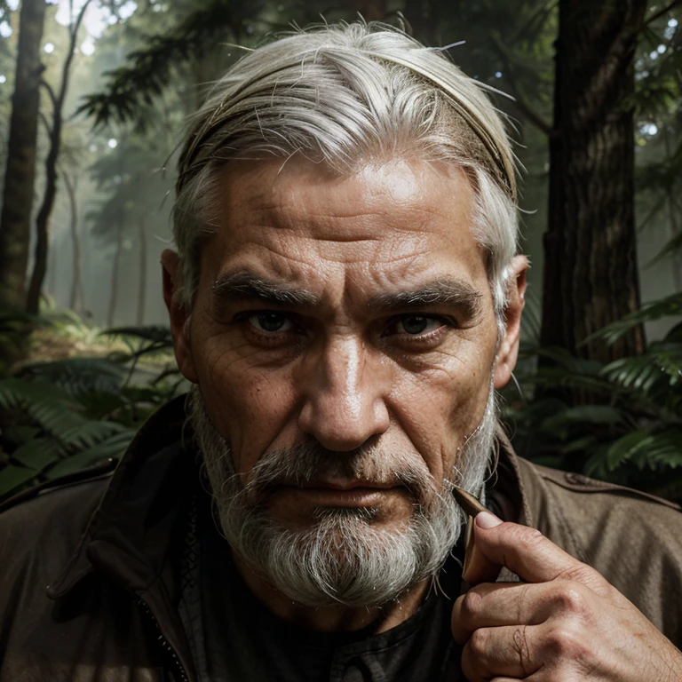 An old man with an answering face, dark eyebrows, fierce eyes, a prominent nose, a thin beard, white hair, medium height, but the subject is a forest villager. His right hand holds a long shotgun.
