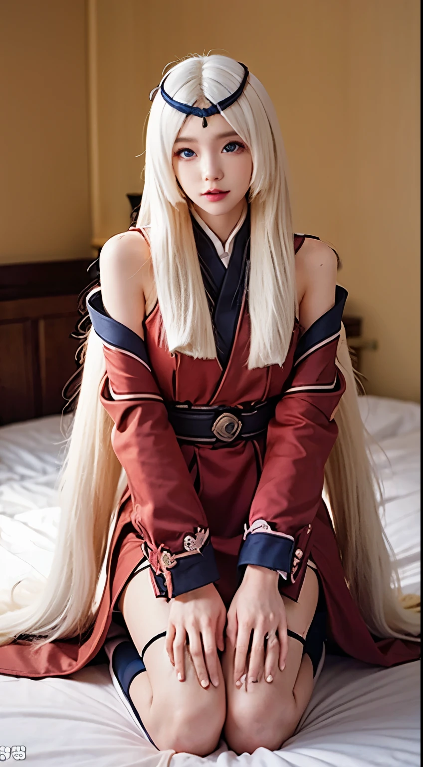 Kagura mobile legends , long white hair, blue eyes,Nude in the bedroom, solo, white stocking, 