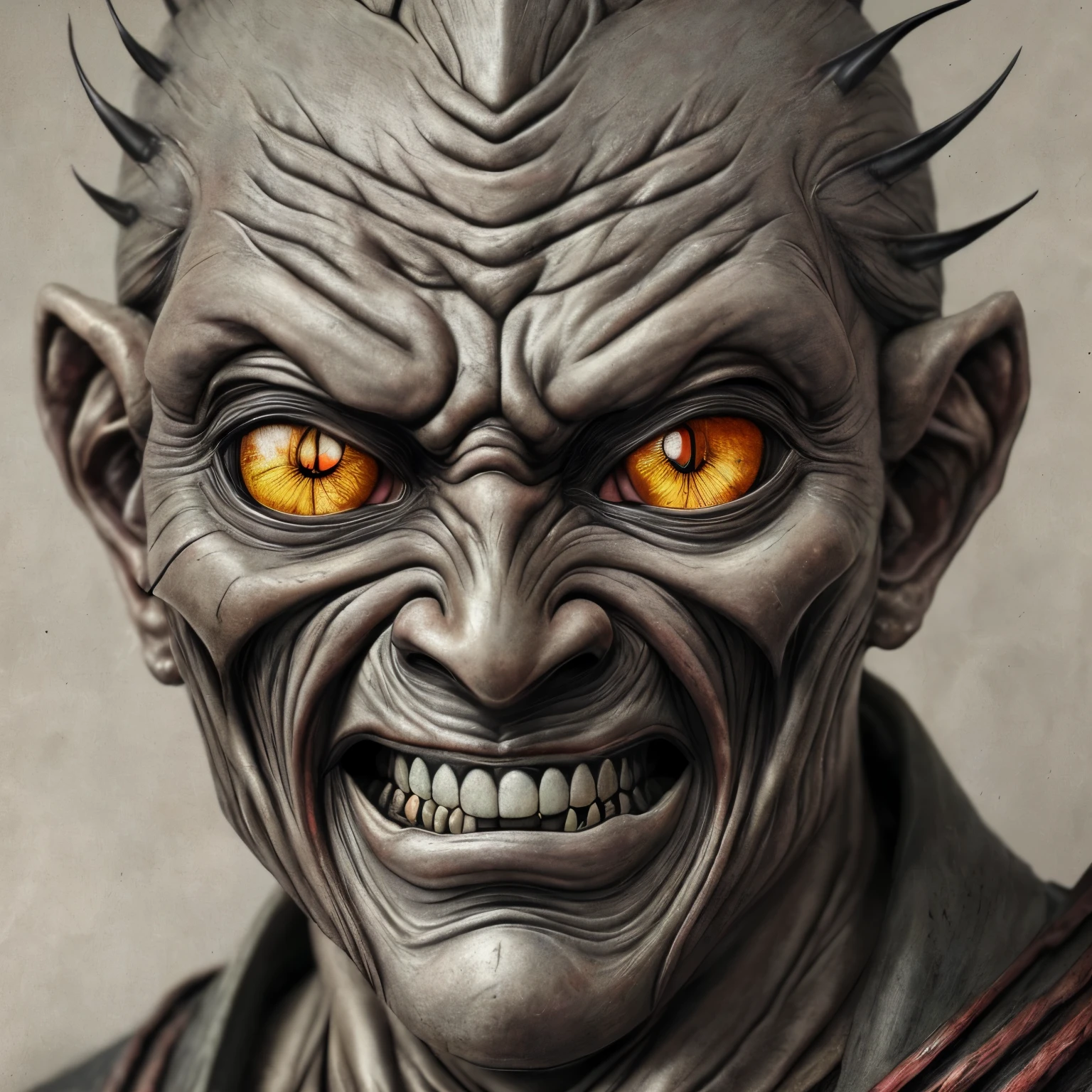 <lora:dosdiablosdos_100:1.0>, (dosdiablosdos:1.0), portrait painting, demon creature, creepy, simple background, 1other, androgynous, banana, bangs, food, fruit, furry, grey background, hair between eyes, highres, open mouth, solo, whiskers, white hair, yellow eyes