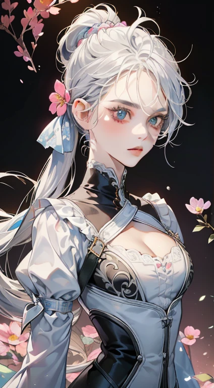 (masterpiece), (highest quality), (super detailed face),(figure), (1 girl), (fashionable clothes), Attractive standing figure, Fashion Model, view viewer, (interview), (simple background),detailed and beautiful eyes, delicate beautiful face, floating,(high color saturation),(colorful splashes),colorful bubbles,(sparkling), body shot, myolin, bright silver hair, hair ring, low ponytail, floating flowers, (sparkling), best writing, best shadow, frontal shooting, ((moderate chest:1.2)), ((focus on the chest)), Near the face and upper body, ((cleavage:1.1)), ((perfect body))