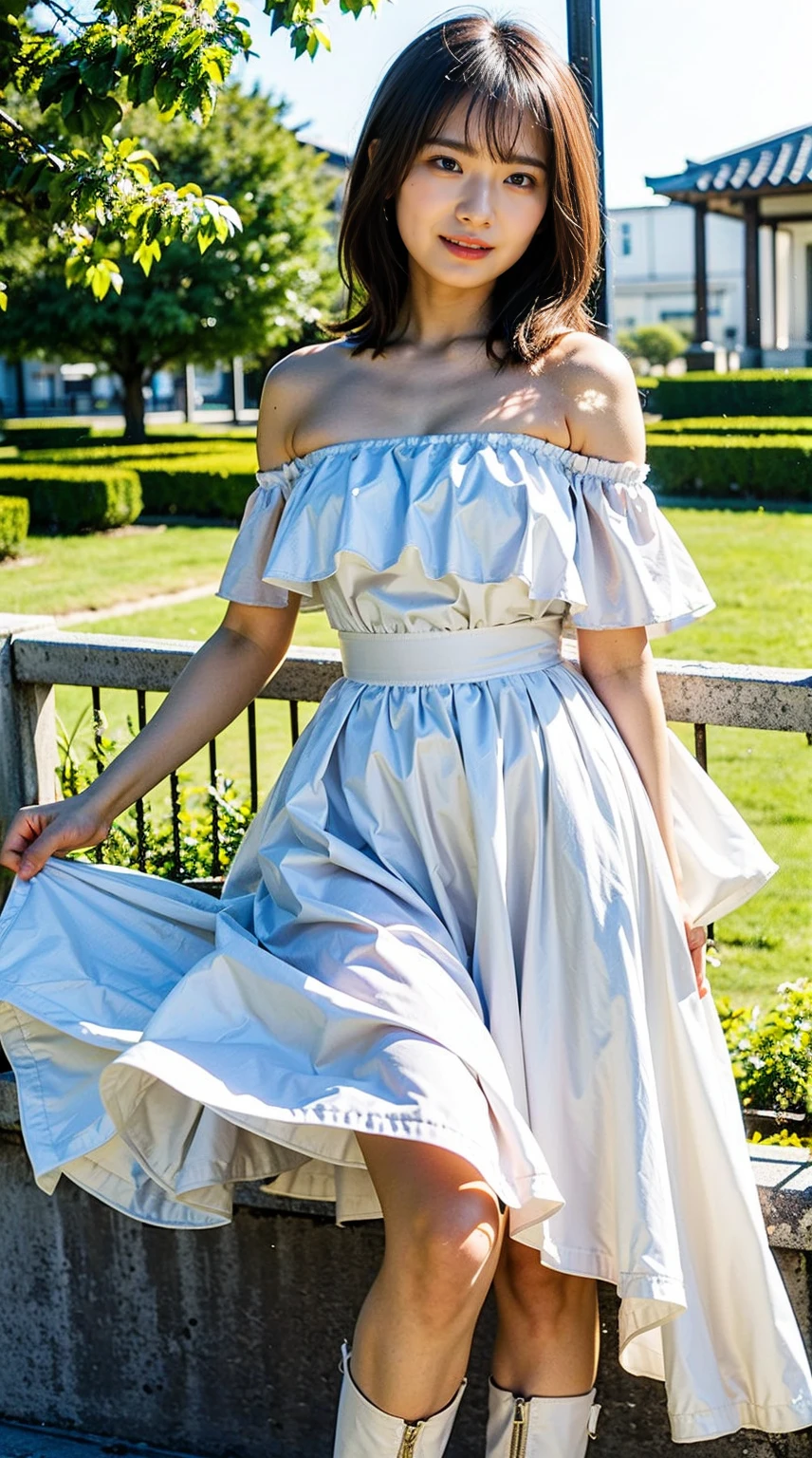 (8K、Raw photo、highest quality、masterpiece:1.2)、(realistic、Photoreal)、1 girl、((White Magical Girl Dress、satin fabric、off shoulder、mini skirt、boots、frills、ribbon、big breasts、Seen from the front、temple))、smile、lots of eyelashes、Glitter on your eyelids、skeletally correct