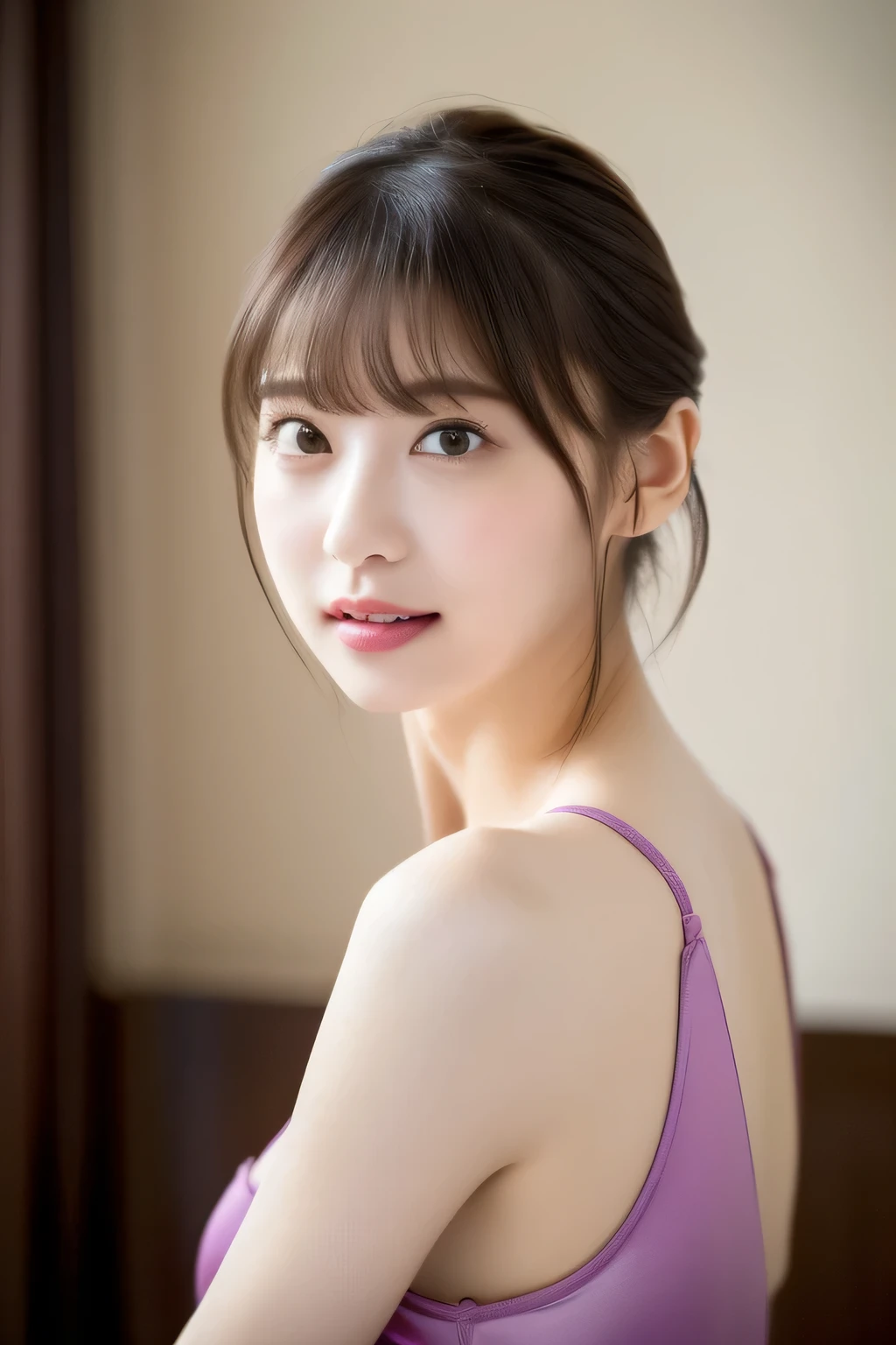 ((highest quality, 8K, masterpiece :1.3)), (realistic, Photoreal:1.4), sharp focus：1.2, 
Bright colors, professional level, shallow depth of field, 
20-year-old, 1 person, A beautiful face with intelligence, 
Supple body :1.3, model body shape:1.5, 頭w:1.4, perfect style：1.4, 
narrow shoulders, beautiful clavicle, long and thin legs, The beauty of slim abs :1.2, thin waist :1.2, 
super detailed skin, Fair skin, Shiny skin, 
super detailed face, slim facial contour, beautiful small face, Beautiful lined nose, 
super detailed eyes, long slit eyes, brown eyes, double eyelid, beautiful thin eyebrows, fine long eyelashes, 
super detailed lips, plump lips, glossy pink lips, flushed cheeks, beautiful teeth, 
Beautiful actress&#39;s ennui makeup, pink lipstick, (necklace, earrings), 
milk greige hair, delicate soft hair, 
(hair up, short hair, ponytail:1.2), layer cut, (dull bangs:1.2), 
gentle smile, open mouth half way, Enchanted expression, stare at the camera, 
dynamic lighting, ((Hasselblad Photos)), 

(She is completely naked and wearing a reddish-purple tank top made of satin fabric.:1.3), 
(perfect breast shape, B cup, It is a small pale pink areola.:1.2),  
(I&#39;m putting my hand between my crotches, Manicured pubic hair:1.2), 
(She has a cute plump butt, My thighs are dazzling), 
(View from the front, pay attention to the thighs, full body portrait:1.5), 

(Large bedroom in a luxury hotel, The ocean horizon spreads out behind the large windows), 
Sitting with legs spread in a recliner, 
cinematic lighting, Bright light shining all over, 