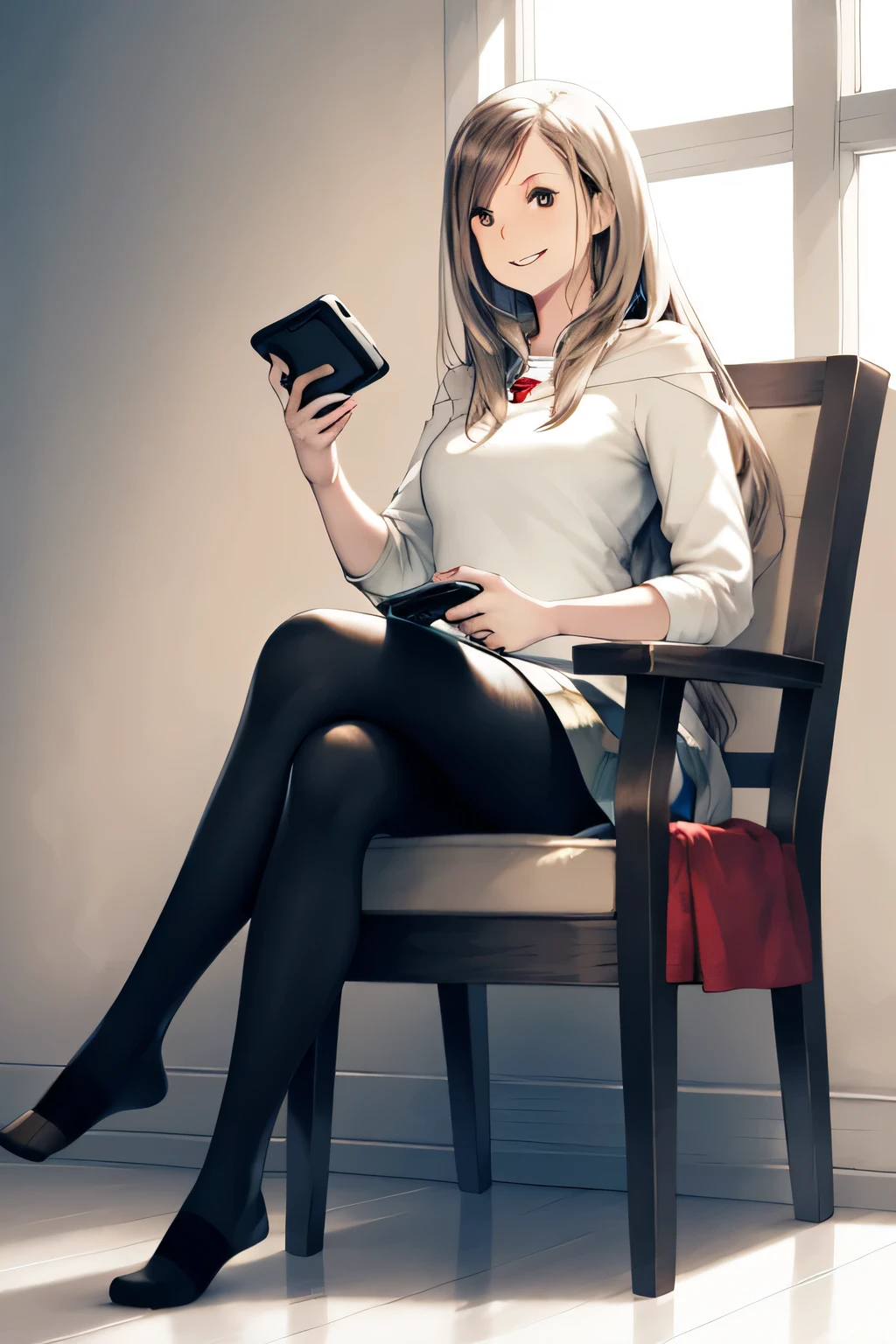 yoshida akihiko, 

1 girl, black pantyhose, black hair、smile、cameo, casual, Chair, contemporary, cosplay, cover, cover page, crossed legs, dragon, portable game console, lips, long hair, miniskirt, I don&#39;t have shoes, pantyhose, sitting, skirt, sleeves rolled up, alone, Video game, white mage \(cosplay\), window, chocobo, Slime \(dragon quest\), white mage, original, Final Fantasy, dragon quest, square Enix,