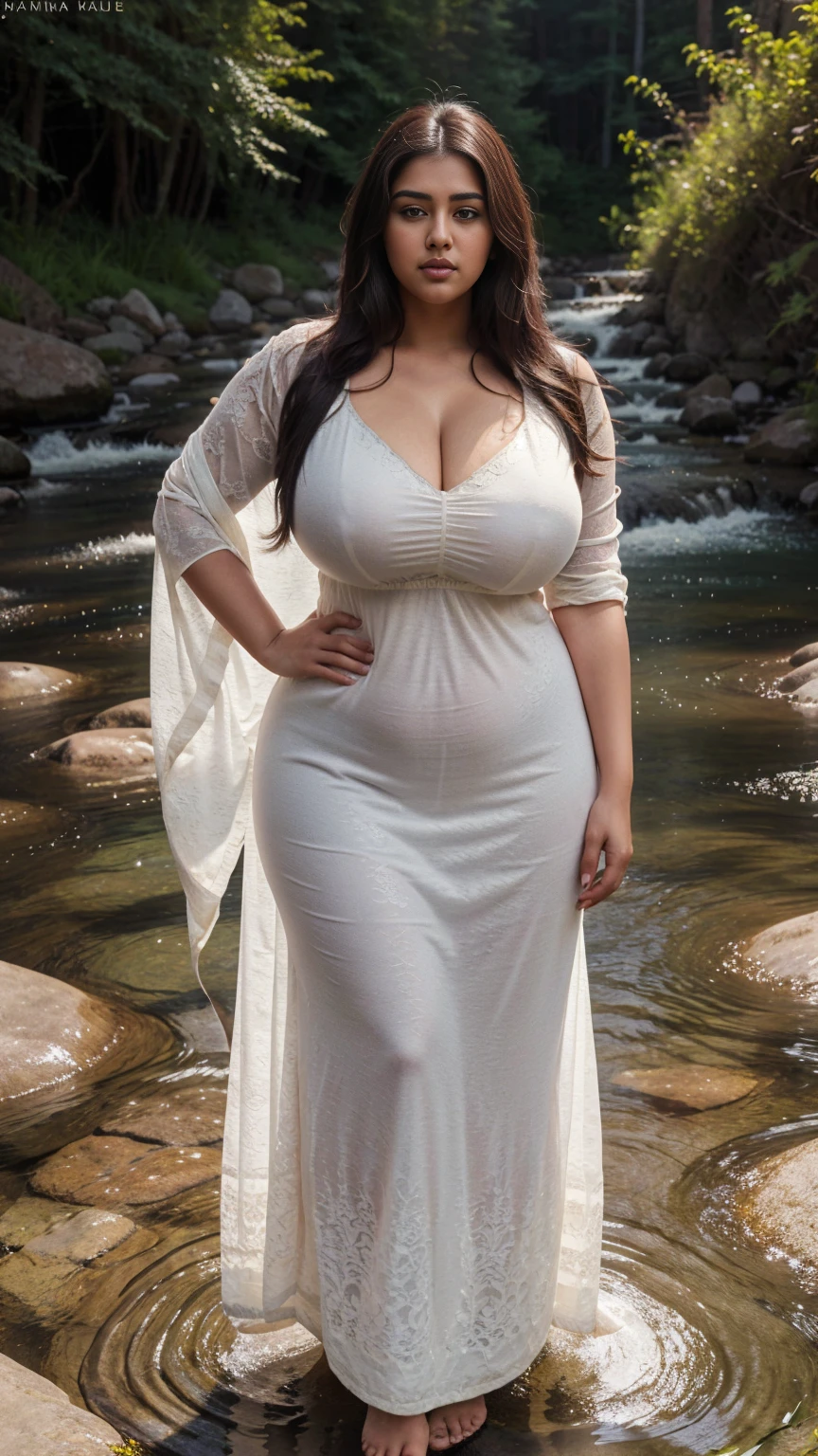 a hyper-realistic full body view photo of a young curvy plus size beautiful indian woman wearing Subtle Jacquard Dupatta with Kurta Ensemble standing in Crystal Creek Crossing, m-cup breasts, curvy plus size hourglass body, 22 years old, realistic, sexy,short brown hair, curved, masterpiece
