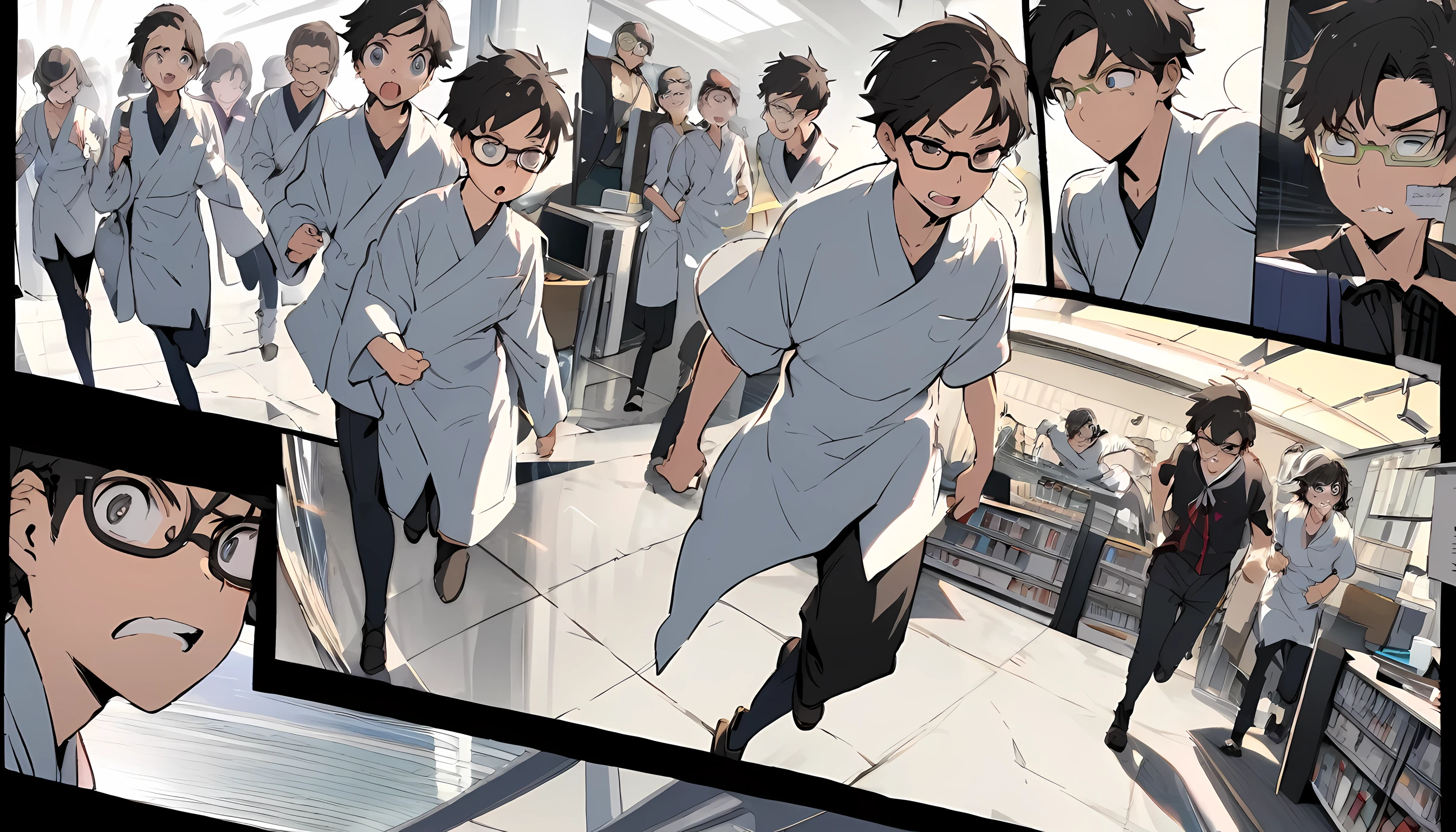 Wide view of A young ager japanese man, walking, hurry , fear facial expressions, spectacles, wearing laboratory dress, laboratory