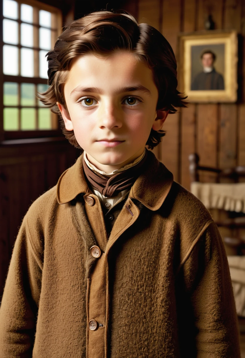 (highly detailed, soft light, photorealistic, dynamic light; cinematic); victorian-era; 1820s; 9 year old boy; English; square face-shape; brown eyes; chestnut-brown eyebrows; blue eyes; 1820s warm dark-brown woolen coat; short straight chestnut-brown hair in 1820's hairstyle; standing inside a cosy 1820s Canadian log cabin; looking at camera