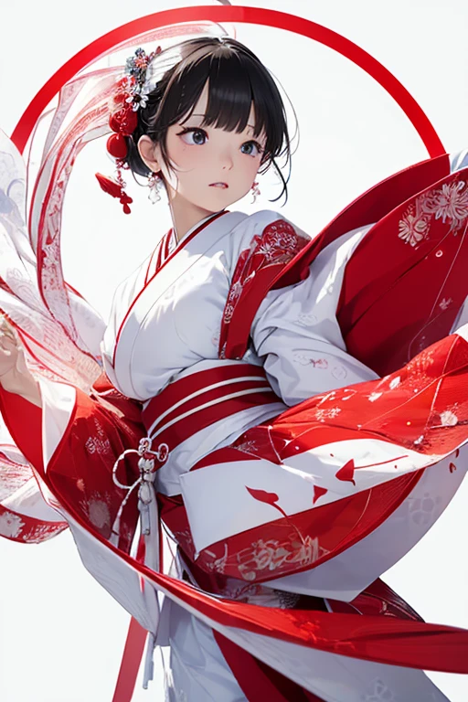 (((white background、White world)))、14 years、unity 8k wallpaper、super detailed、beautiful beautiful、masterpiece、highest quality、(tangleた、mandala、tangle、tangle)、(fractal art:1.3)、one girl、beautiful black hair、Japanese、Big pink、red kimono、Japanese clothing、very detailed、dynamic angle、cowboy shot、The most beautiful things form chaos、elegant、brutal design、Bright colors、romance、atmosphere、ecstasy notes、Streaming music notes are displayed、(((white background、pure white background、Red circle)))