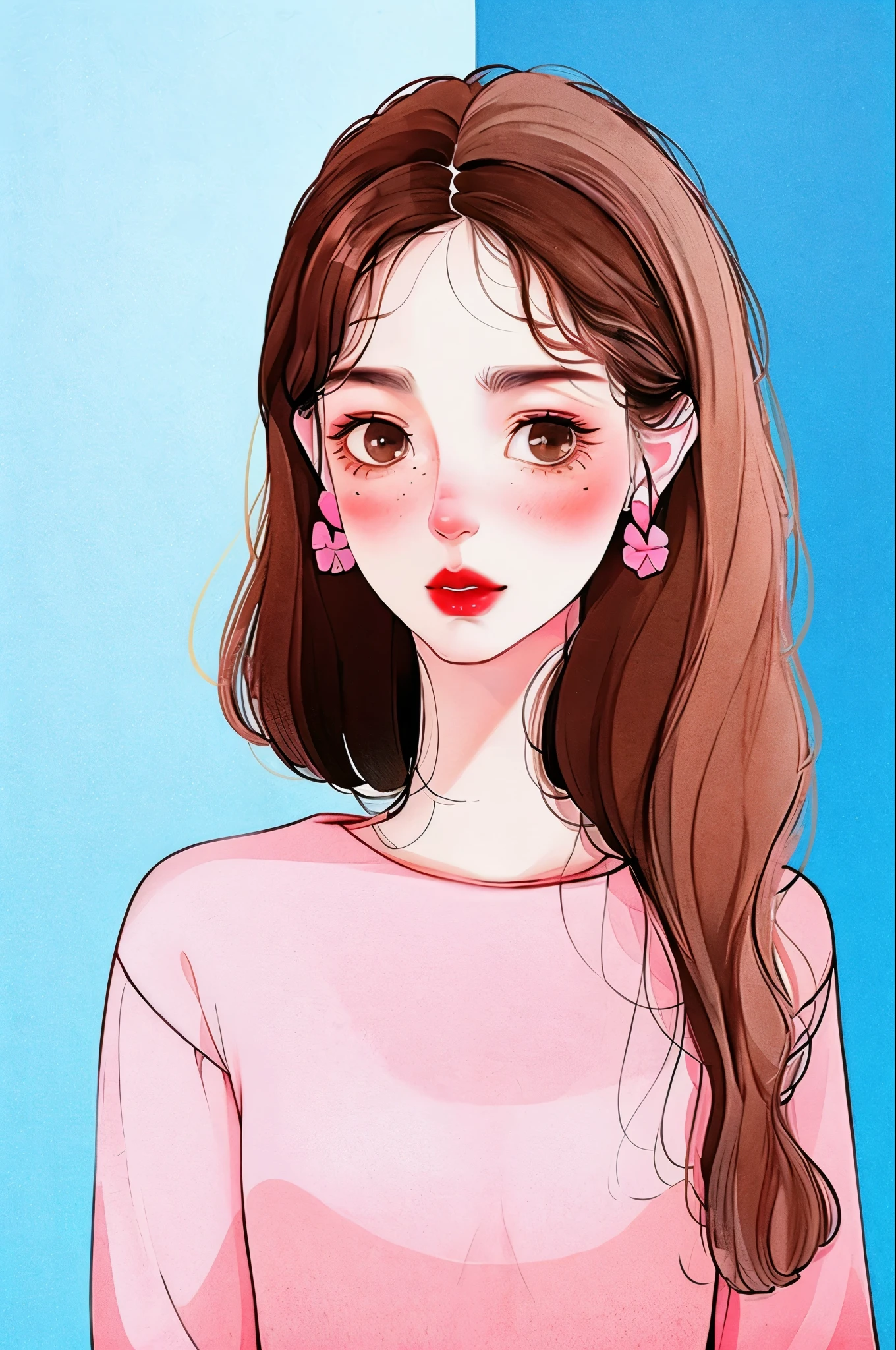 Girl, long soft brown hair, brown eyes, cool features, white skin, pink lips, dark brown sweater