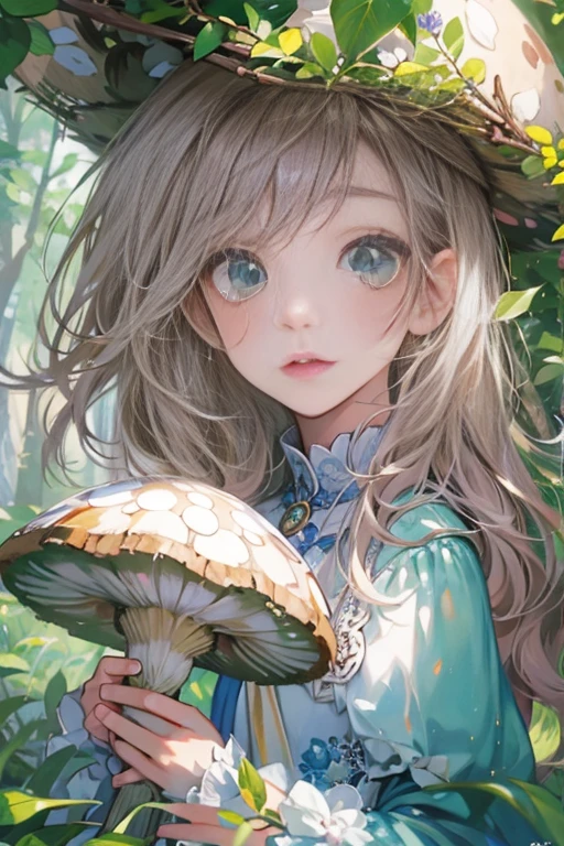 masterpiece:1.4),, (highest quality:1.4),, ultra high resolution,, 8K, cg,, (very delicate and beautiful:1.2),,Upper body,, 1 girl,, alone,, robber girl,, Thumbelina,little princess,Blue Taffeta Coat Dress,Under the giant mushroom,forest background ,Delicate depiction of facial features,almond eye,delicate eyeliner。long eyelashes,green eyes,black pupil,There's starlight in my eyes,delicate lip detail,Oil painting quality,Thick painting style