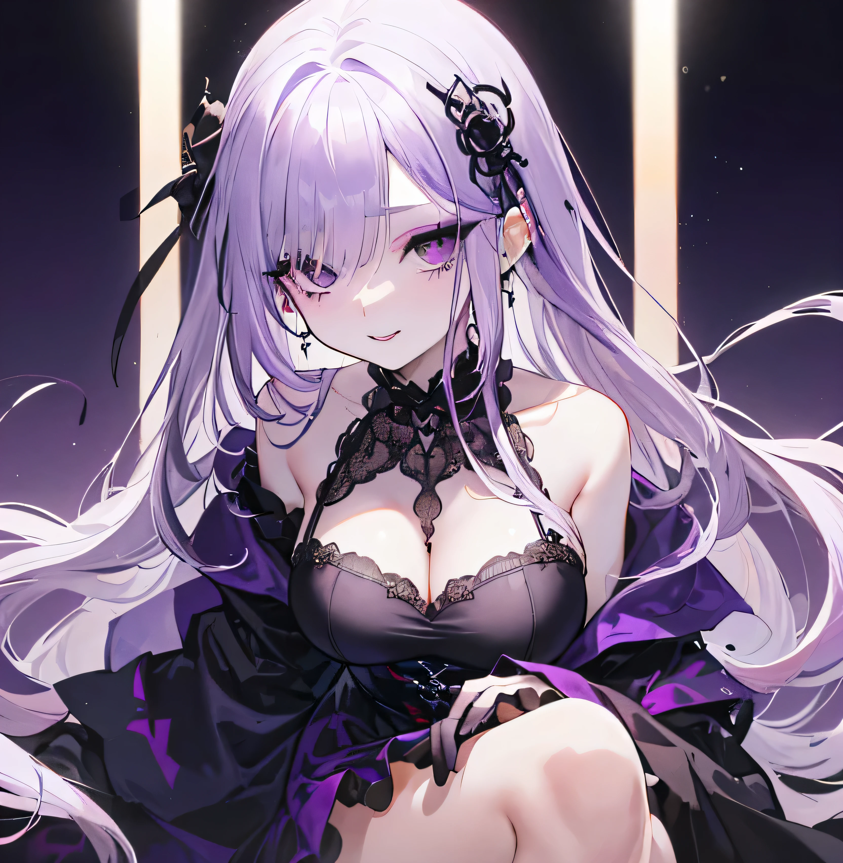 lens flare、Masterpiece、bet room background、(40 years old:1.4) 、(1 woman:1.4)、(Light purple hair:1.4),tareme、(straight long hair:1.7),medium breasts,(droopy eyes:1.2)、Cheek dyeing、(purple right eye:1.4), medium breasts,(red left eye:1.4) 、(Eyeshadow:1.3)、(blush:1.2)、light smile、(Goth loli:1.4)、Sexy、adult