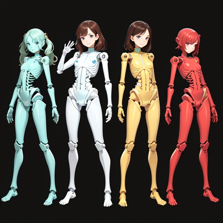 3 robot women,
Everyone except their faces are machines.,
Everyone is not wearing clothes,
Everyone is showing each other their bodies,
brown hair,
wavy hair,
hazel eyes,
very detailed,
smile,
Everyone is a machine except for their faces.,
All have mechanical limbs,
No clothes for everyone,
All exposed internal skeletons,
Everyone has a different colored internal skeleton.,
full body shot, same pose, Matching internal skeleton,
Same structure,
clone, Millions of Robot Girls, Crowded, Marching background robot girl