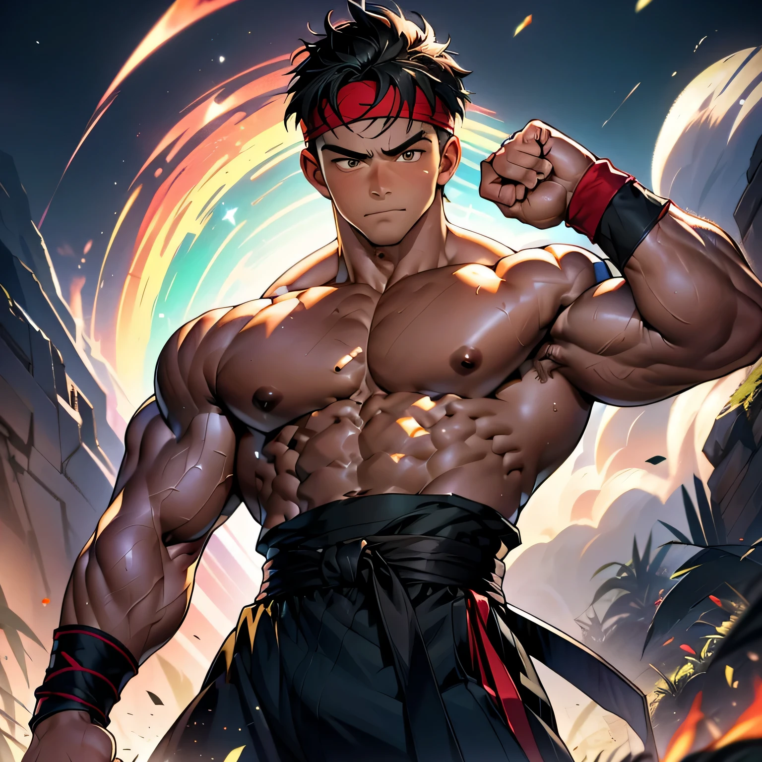 (Masterpiece, Best quality 19 year old boy, simple background, cowboy shot), solo, Young, boy, muscler, Shirtless, topless, (Dark Short straight hair, under cut, brown eyes), (red headband, ((black wristband, weist sash))), Vivid colors, (hot Abs:1.2, abs!, big abs, big breast:1.2, chest!, muscler upper arms, mighty fist), (topless male), closed mouth, serious, muscler!, muscler body, Man with martial arts stance, (aura power:1.4), detailed face, detailed muscle, (((A magical turquoise mystical aura graces his upper body, random fighting pose, aggressive, powerful, action, rippling muscles)))