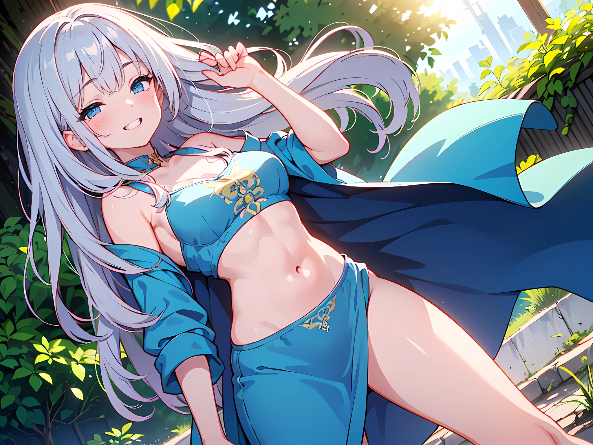 (evening:1.2), RAW Photography, 1 Girl, Sexy 25 Year Old Girl, (silver long hair, deep blue eyes, medium breasts, fit, athletic, muscular abdomen:1.1), (standing, wearing loose medieval light blue dress with gold accents, wind sweeping hair, blushing, happy smile, showing teeth, wide smile, closed eyes), (close up shot, facing viewer, sunlight:1.2), medieval garden, (Masterpiece, Best Quality, Ultra Detail, Cinematic Lights, Intricate Detail, High Definition, 8k, UHD, DSLR, soft lighting, high quality, film grain, fujifilm XT3, shallow depth of field, natural light, perfect face, Very Detailed, Very Beautiful portrait, side angle shot:1.2)