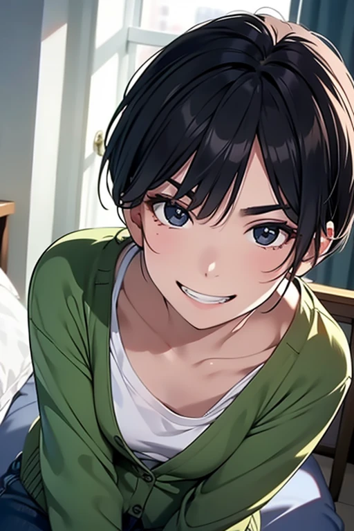 masterpiece, High resolution, High-definition CG Unity 8K,realistic,Raw photo,Beautiful and dense face, white skin,(1 girl),skinny,flat chest,(black eye),black hair,(very short hair),Side undercuts,flowing bangs,(Wearing a green cardigan over a white T-shirt), (dynamic angle),roubled laughter,troubled eyebrows,(at night),room,sit on the floor,looking at the viewer,(aroused),(grinning eyes),(grin),(anguish)