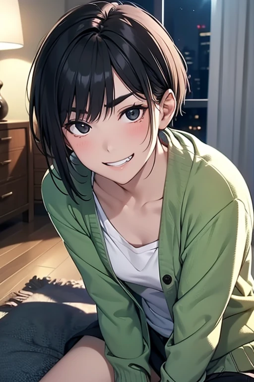 masterpiece, High resolution, High-definition CG Unity 8K,realistic,Raw photo,Beautiful and dense face, white skin,(1 girl),skinny,flat chest,(black eye),black hair,(very short hair),Side undercuts,flowing bangs,(Wearing a green cardigan over a white T-shirt), (dynamic angle),roubled laughter,troubled eyebrows,(at night),room,sit on the floor,looking at the viewer,(aroused),(grinning eyes),(grin),(anguish)