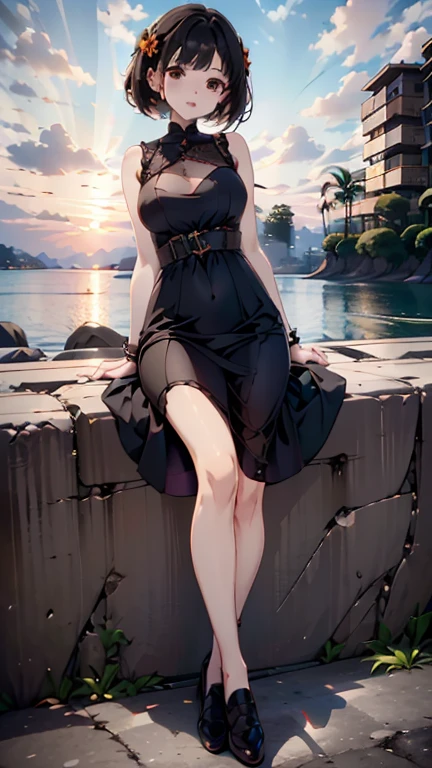High quality UHD Retina, cool girl, brown eyes、Big eyes, orange short bob hairpin, look forward, Black Silk Midi Dress, loafers, sunset beach, wide angle
