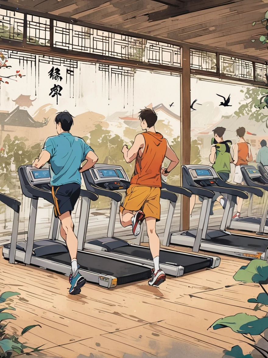Chinese ink painting style。in the gym,People running on treadmills,All in motion,wearing a vest,shorts,Towel hanging around neck,running posturehigh detail,