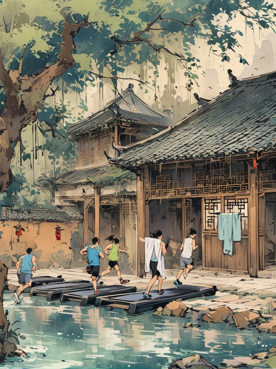 Chinese ink painting style。in the gym,People running on treadmills,All in motion,wearing a vest,shorts,Towel hanging around neck,running posturehigh detail,