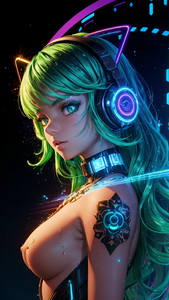 Beautiful android teen, AI teen, solo, adorable cute , mesmerising, expressive face, vr girl, ((green blue golden gradient detailed hair)), cyberpunk futuristic style, ((bright glassy brown eyes)), smoky eyes, pearly illuminated realistic skin, curvy body, medium cleavage, wet glossy reddish full lips, close up, medium shot, half body shot, HDR, Ultra High Definition, highest quality, absurdres, masterpiece, digital world, (black background), glittery, glowing light particles, focus on face, cybernetic head accessories, wireless futuristic head set, microphone,  high detail texture, contrast, wavy vibrant green blue orange colours hair, glowing, bare chest, bare shoulder, deep cleavage, light particle dust, colorful glowing orbs, rimlights, back retro-illuminated, alluring laugh, modern digital metal chocker, full boob, center frame, ((digital identity barcode tattooed on left boob)), juvenile, youthful, young, adorable, cutie, ((10yo)), enchanting laugh, ((totally naked)), big hips