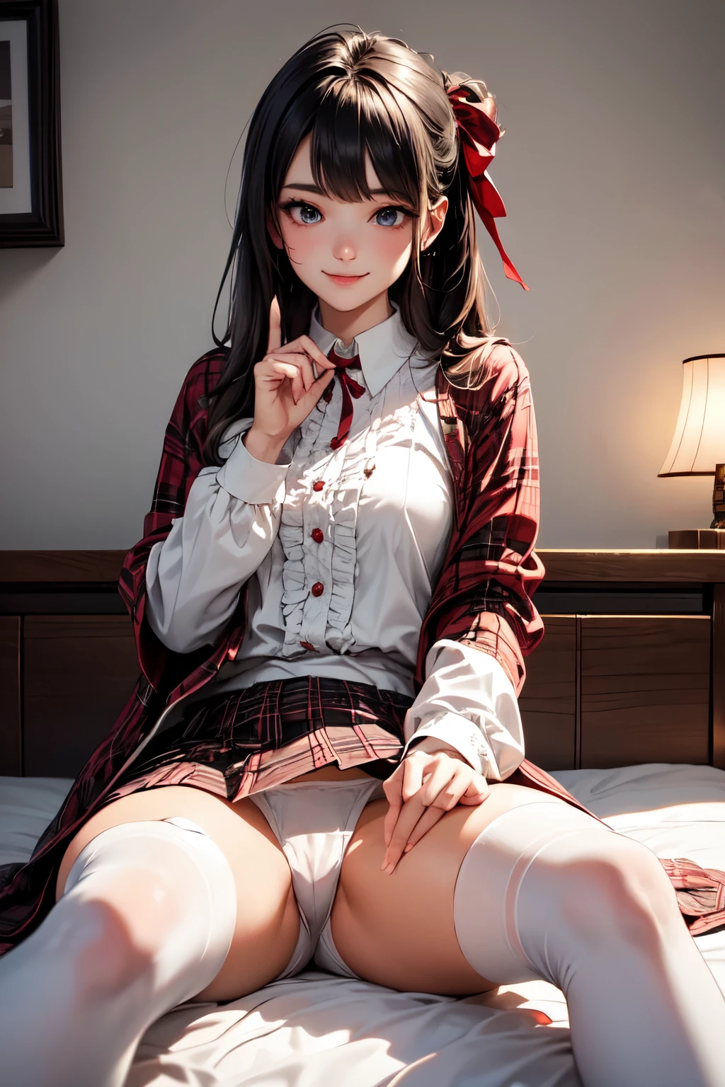 very cute and beautiful girl,(highly detailed beautiful face and eyes),(smile with sexy expression),looking at viewer, (white blouse with detailed frills),long sleeve BREAK sitting on white bed sheet,spread legs,(white panties), hair ribbon,black hair,(scarlet plaid mini skirt) BREAK antique bed room,victorian gorgeous furnitures, (best quality,masterpiece:1.0),absurdres,highres,ultra-detailed,extremely detailed,32k,8k resolution, intricate details,cinematic scene,detailed background,solo,dynamic angle,