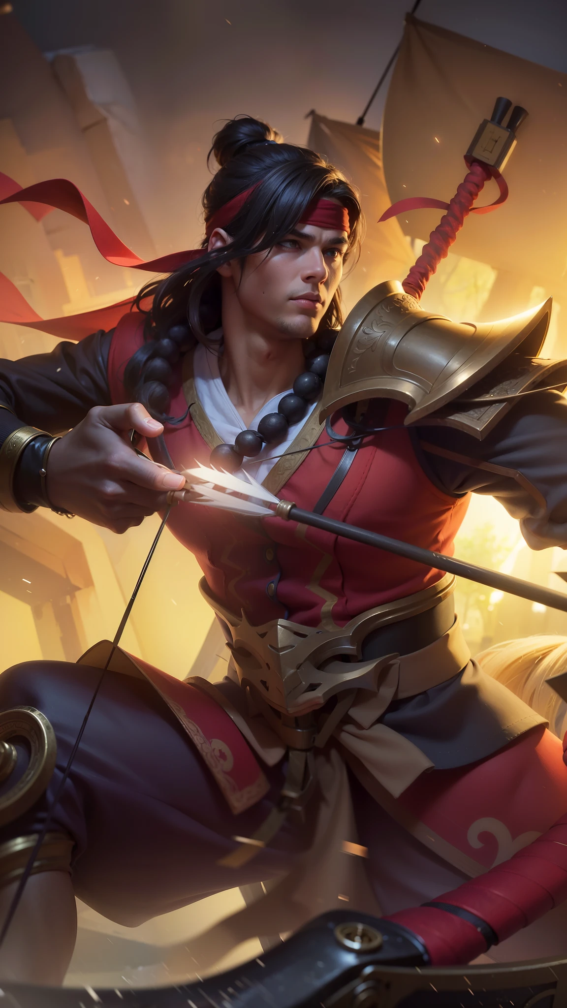 Young man with a bow and hand holding arrows, 8k, ultra hd, ultra detailed texture, hyper realistic, masterpiece, detailed texture, detailed face, detailed skin, detailed lighting, (photorealistic:1.5), best quality, beautiful lighting, cinematic lighting, professional lighting, ultra highres, realistic, detailed hair, real hair, high quality, (realskin:1.5), extremely detailed, finely detail, ultra-detailed, red bandana.