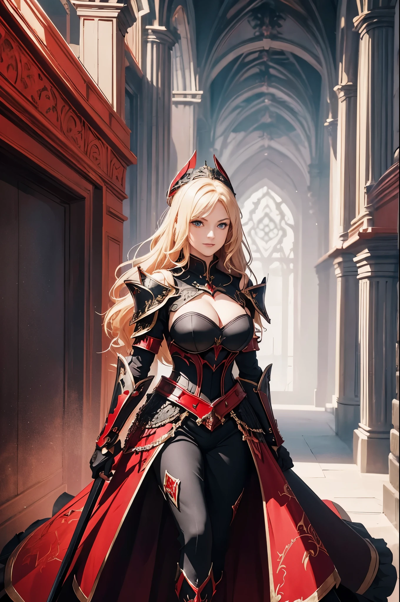 8K,holy knight with sword,Gorgeous black and red extra large chest armor(An elaborately crafted noble coat of arms),luxury black and red pants,super beautiful(like the real thing),ultra high resolution,Super realistic,realistic skin,blonde curly hair,big blue eyes,muscular slim body,cool smile,purple rouge,background,battlefield,Gorgeous black and red shoulder armor,Gorgeous black and red waist armor,Luxurious black and red instep,fantasy art,character art,battle scene,action scene,action pose,sexy cleavage,paladin,Looking down on her big cleavage from above,