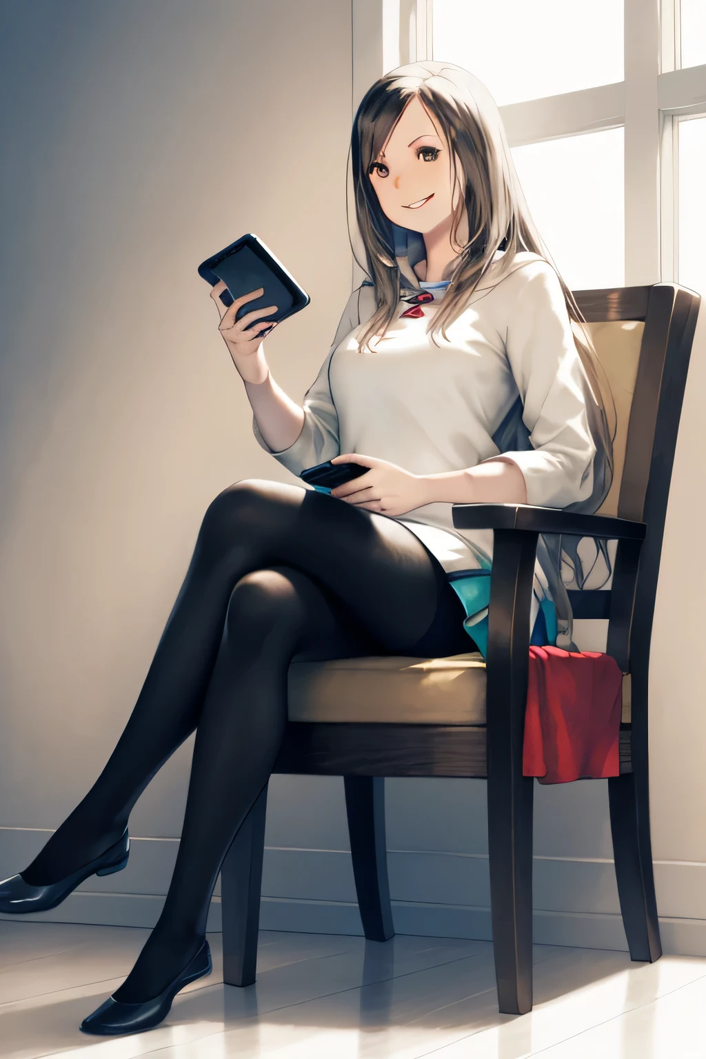 yoshida akihiko,
1 girl, black pantyhose, black hair、smile、cameo, casual, Chair, contemporary, cosplay, cover, cover page, crossed legs, dragon, portable game console, lips, long hair, miniskirt, pumps、pantyhose, sitting, skirt, sleeves rolled up, alone, Video game, white mage \(cosplay\), window, chocobo, Slime \(dragon quest\), white mage, original, Final Fantasy, dragon quest, square Enix,