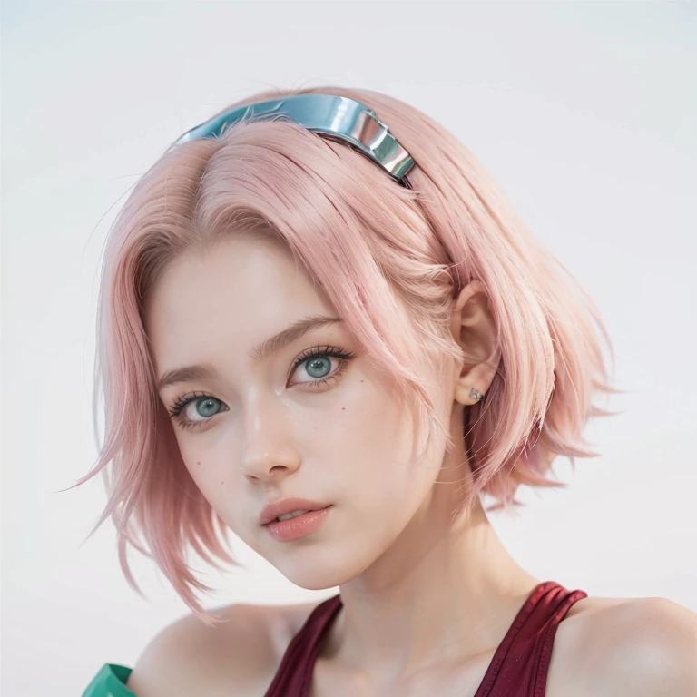 young woman, short shoulder-length pink hair, wide forehead, porcelain skin, pink eyebrows, big emerald green eyes, buttoned nose, full lips, heart-shaped face, slender body, small breasts, red tank top, Sakura Haruno , realistic, realism, details, 3d, well detailed