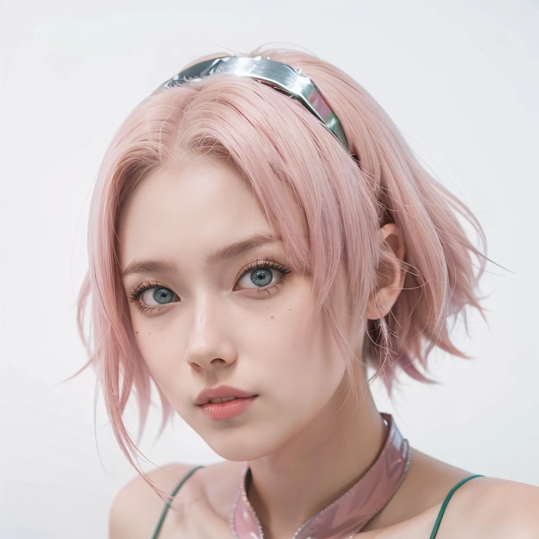 young woman, short shoulder-length pink hair, wide forehead, porcelain skin, pink eyebrows, big emerald green eyes, buttoned nose, full lips, heart-shaped face, slender body, small breasts, red tank top, Sakura Haruno , realistic, realism, details, 3d, well detailed