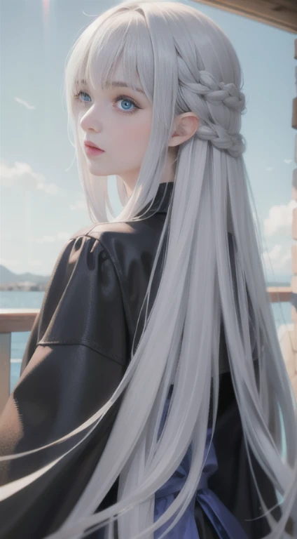 Girl staring at something with long gray hair and blue eyes, Anime drawings inspired by Knight Lee, pixiv, digital art, gray hair girl, flowing gray hair, perfect gray hair girl, light through gray hair, gray hair, Detailed portrait of anime girl, gray hair god, anime girl profile, beautiful anime portrait, detailed digital anime art, beautiful, realistic