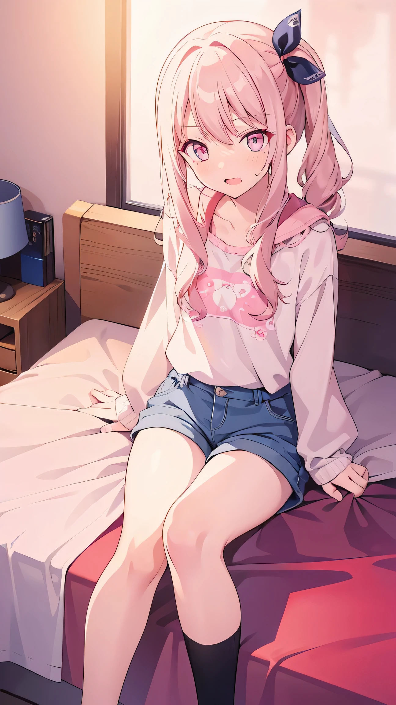 master piece、Highest image quality、highest quality、 glossy hair quality、Super detailed and beautiful bright eyes、Super detailed clear and beautiful face、((embarrassed expression))、(cute illustration:1.2), High-resolution, ultra-detailed, best quality, embarrassed, in my room, Underwear visible through the gap in shorts、sitting