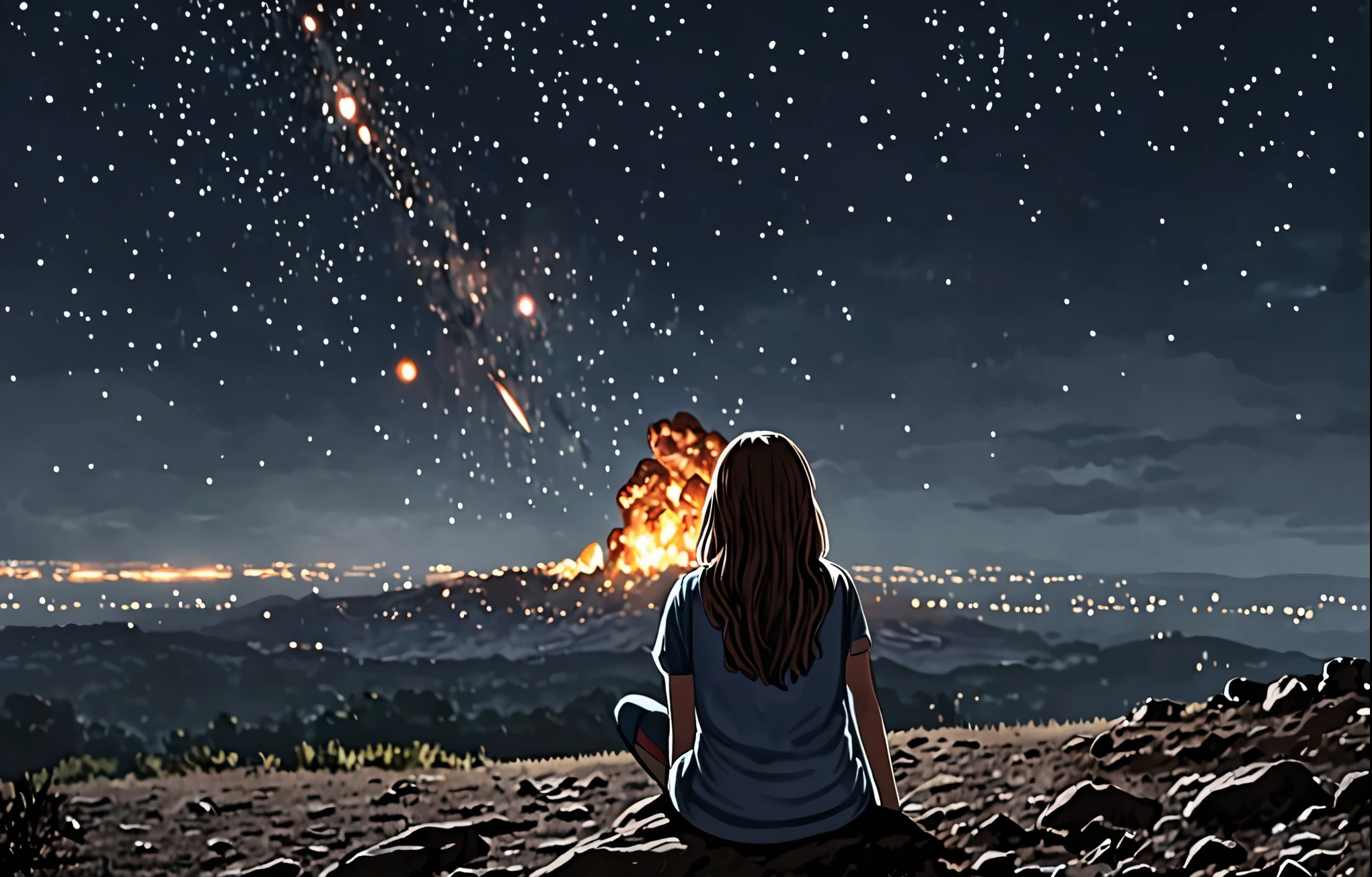 Girl in sportswear, I sit on a small hill and look at the night sky, fflix_It doesn't matter, back view, Seeing, how an asteroid from ral-vlntxplzn crashes into the ground nearby,  ultra-realistic, extremely detailed, 