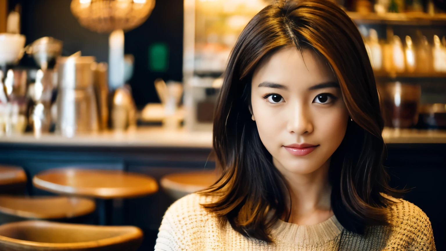 medium shot shot, Beautiful Japanese woman looking at the camera, In a café in New York, brown hair,spring