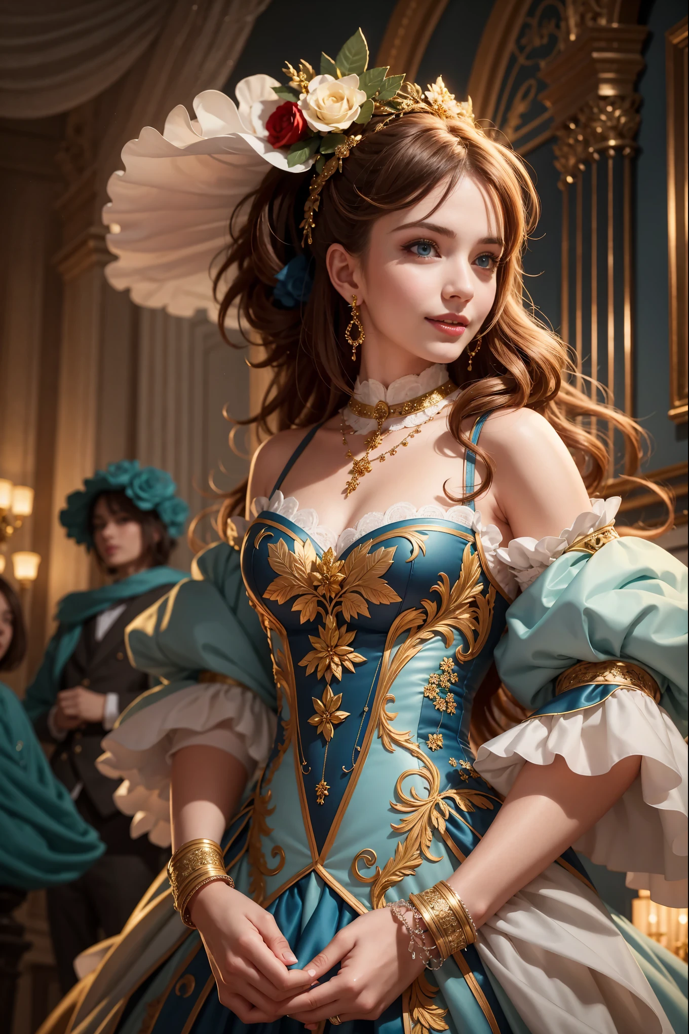 Very beautiful girl, European view (A European view), (((Redheads))) Beautiful curly hair (decorated with flowers), Masquerade, luxurious dress in rococo style (rich decoration), White gloves