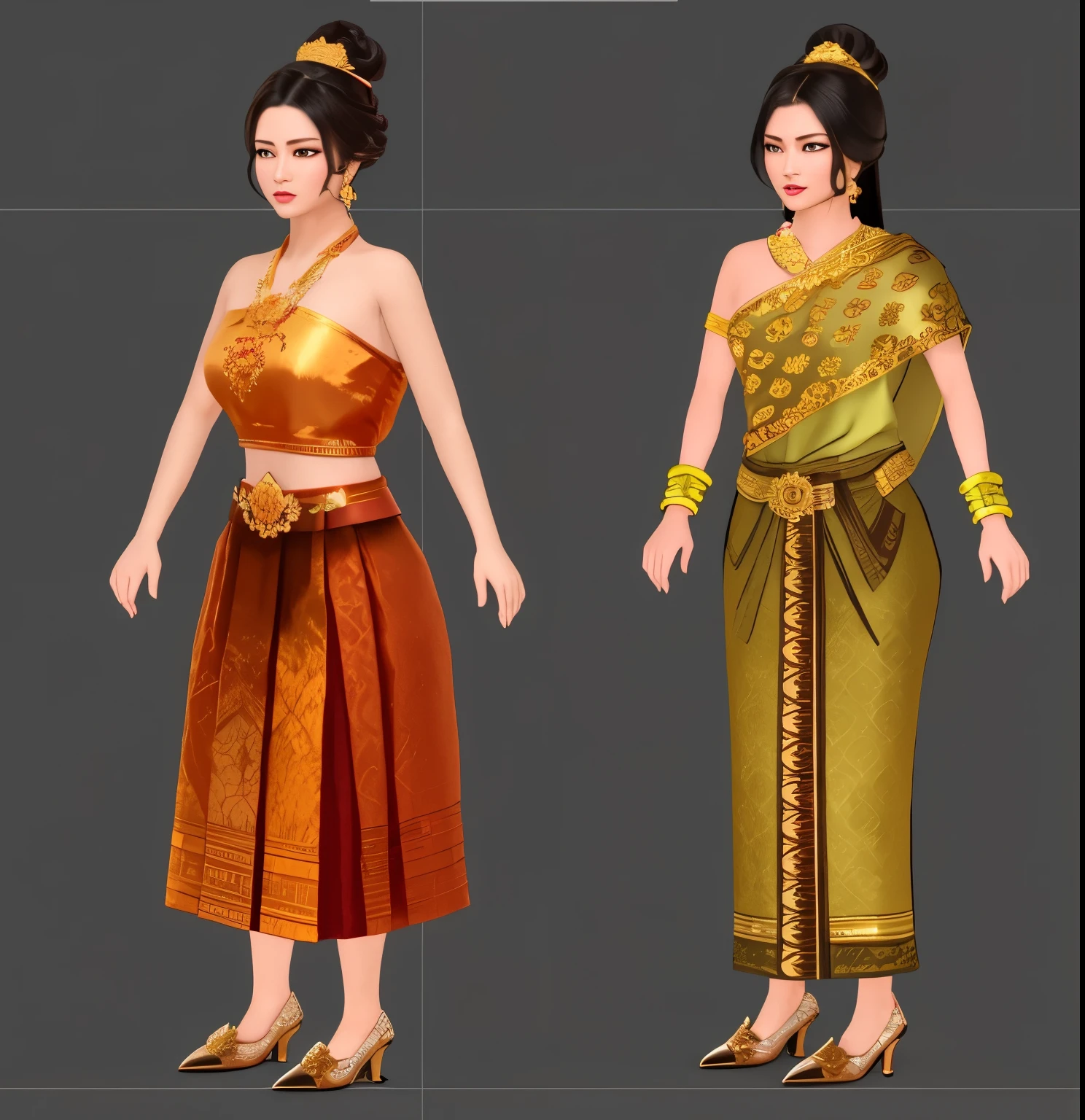 a close up of two women in different colored outfits, sukhothai costume, very detailed and rich clothing, tai costume, asian hyperdetailed, highly detailed clothing, 3 d render character art 8 k, traditional, traditional tai costume, costume desig, ingame image, in style of thawan duchanee, upscaled to high resolution, realistic clothing