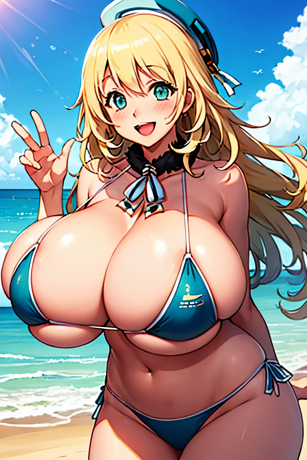atago_kantaicollection,blonde_hair, long_hair, hat, breasts, blush, (gigantic_breasts:1.5), smile,open_mouth, bikini, green_eyes, blue_eyes,beach,happy smile