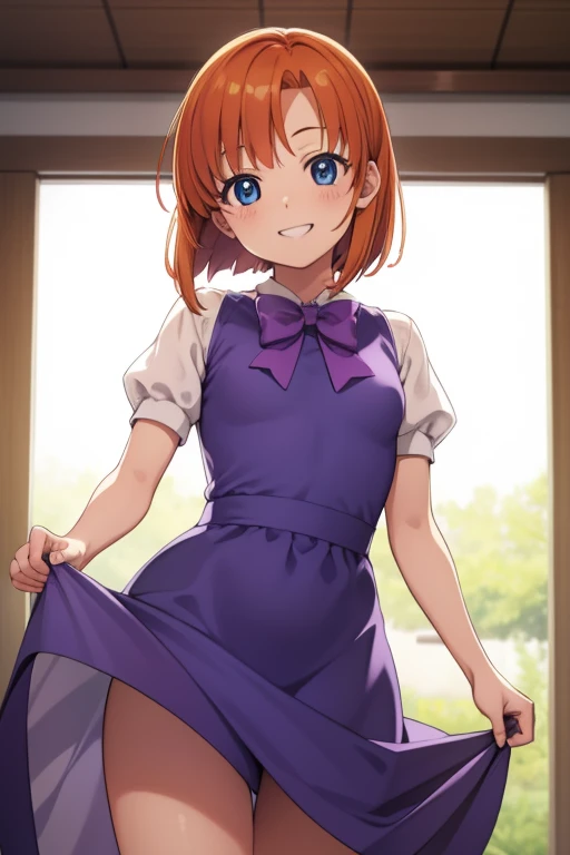 Rena Ryugu, Pure Ryuuguu, orange hair, short hair, blue eyes, smile, grin and laugh,
Take a break, 黒いthighs, bow, bowtie, dress, have, puffy short sleeve, plump sleeves, purple bow, purple bowtie, short sleeve, thighs, thighs, 白いdress, zettai ryouiki, (small breasts:1.2)
BREAK sees the viewers,
Indoor breakthrough BREAK (masterpiece:1.2), highest quality, High resolution, unity 8k wallpaper, (illustration:0.8), (Beautiful eyes in every detail:1.6), highly detailed face, perfect lighting, Highly detailed CGI, (perfect arms, perfect anatomy),
