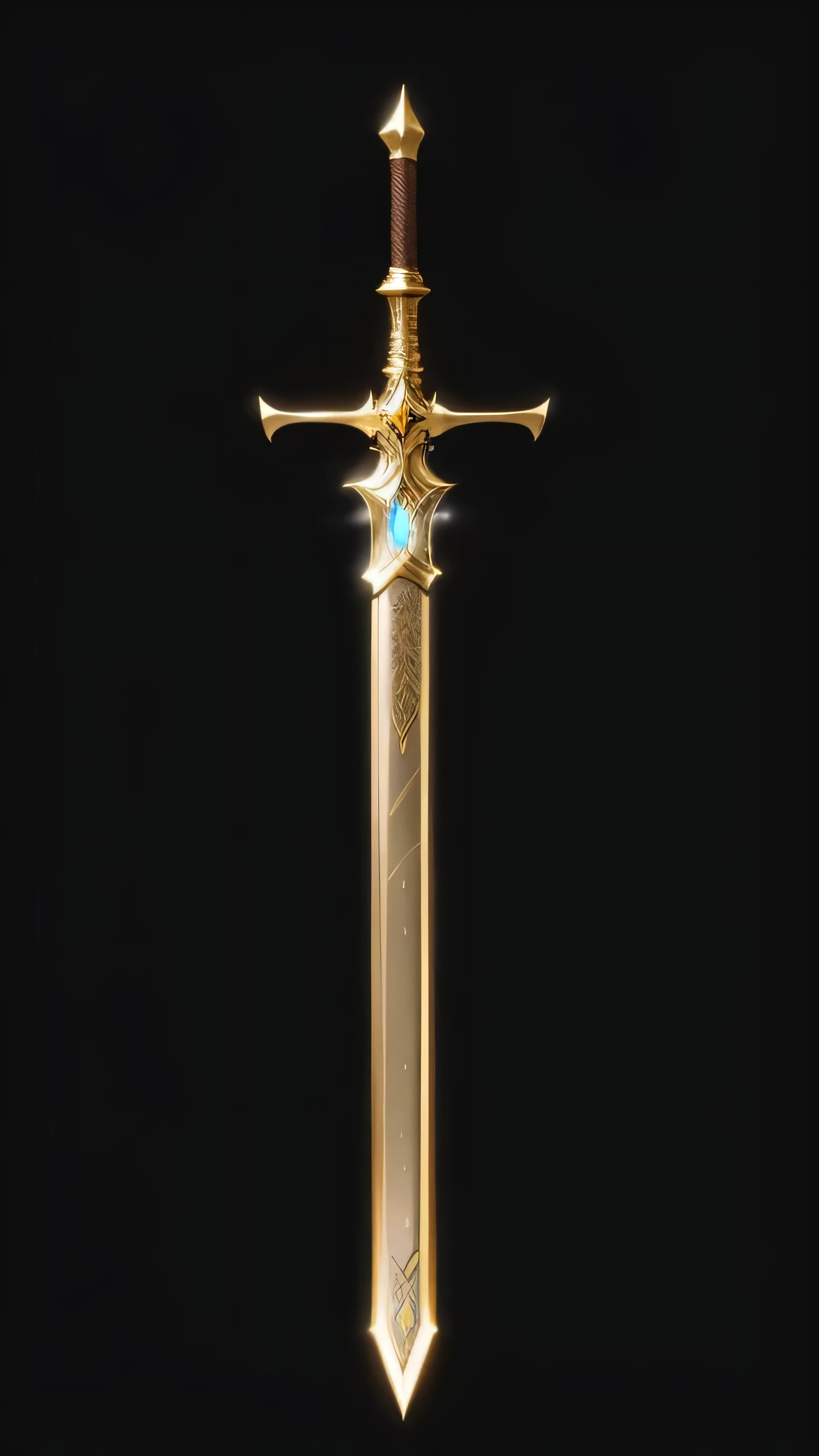 a close up of a gold sword with a black background, gold sword, golden sword, master sword, elven sword, shinning sword, sword design, elvish design, large sword, beautiful sword, scepter, fantasy sword, excalibur, shining sword, greatsword, huge sword, big sword, legendary sword of technology, magical sword, huge oversized sword, glowing sword, giant sword