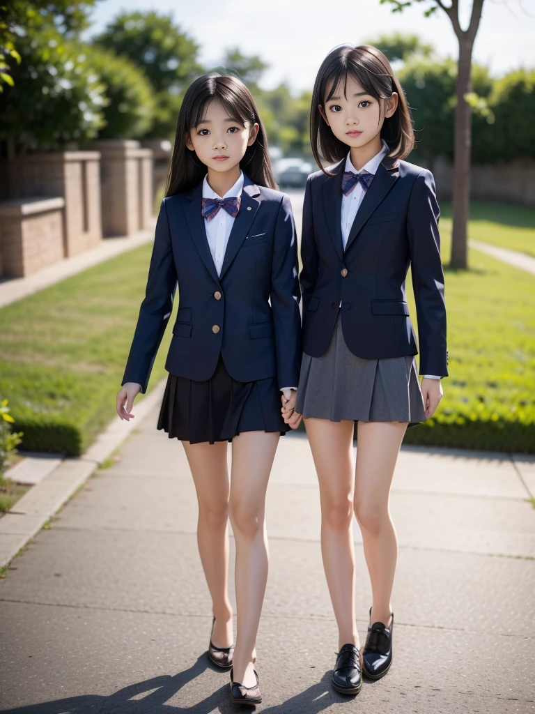 (masterpiece, highest quality:1.4), award-winning portraits, 8K, 85mm, alone, beautiful face, delicate girl, , (dark navy blazer jacket), dark navy skirt, long sleeve, violaces, gardenia, grace, Sophisticated, cute, teen, looking at the viewer, 15 years old, Raw photo, disorganized, HDR, sharp focus, A bow tie, background bokeh、(((flat 、thin and delicate body、A childish atmosphere)))、Her shiny semi-long hair is tied up、hair swaying in the wind、Mole on the left cheek、large, round, dark blue eyes、full body、random pose、Run、sprinting、Skirt fluttering in the wind、Junior idol、Nogizaka Idol、widening skirt、jump、mole under eye、sexy、