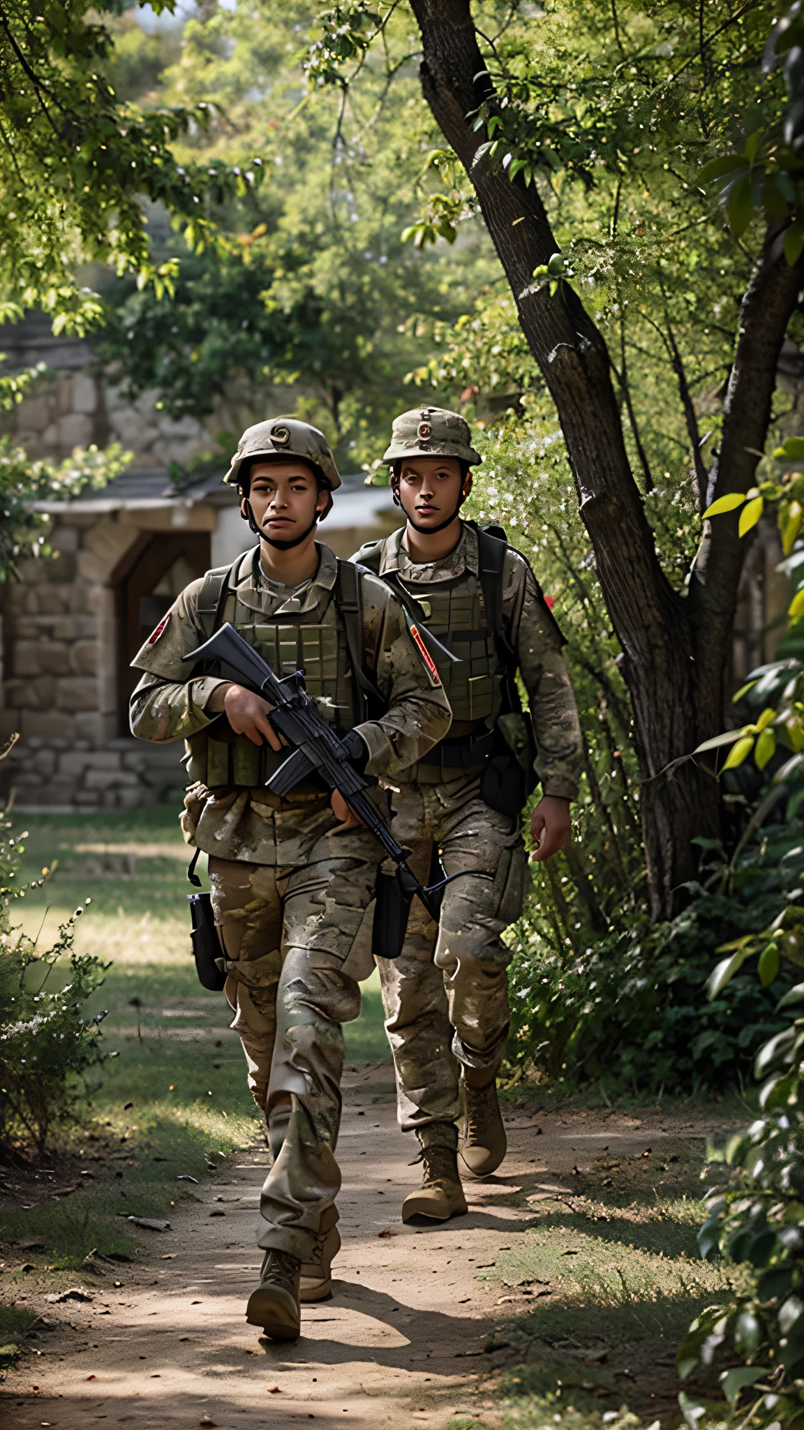 many soldiers on the battlefield in camouflage close to leaves color, all with riffles and Granada’s with backpacks