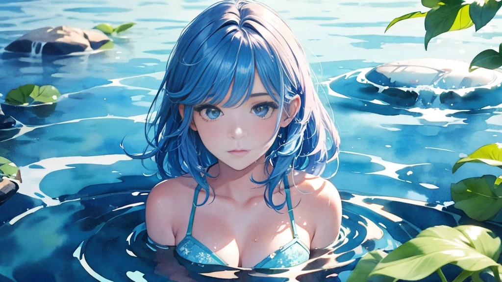 1 girl, female water spirit, watercolor hair, There is spring water inside, Put a few drops of water on your skin,
